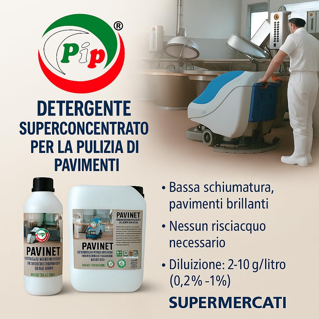 PIP Detergente Macchine Lavapavimenti Pavinet, Concentrato, TK UN LT..10 = Kg. 10,8 Pavimento Industriale, Piscina, Marmo, Ceramica, Linoleum, Cemento