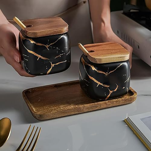 Miniatura 27 de Juego de tarros de especias de cerámica para condimentos de porcelana, caja de condimentos de cerámica de mármol, 3 macetas de condimentos para sal