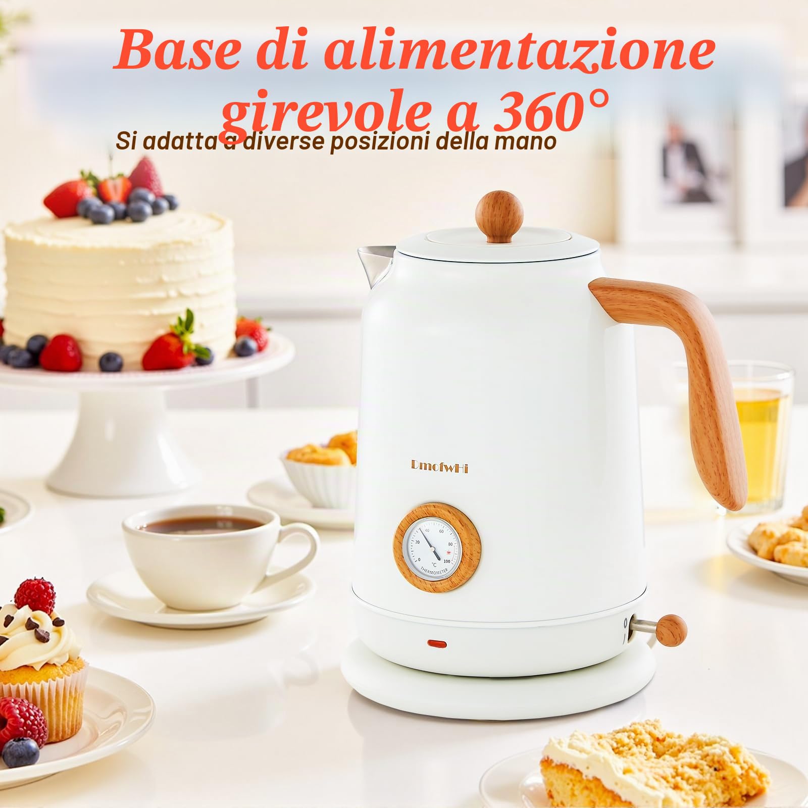 DmofwHi Bollitore Elettrico Acciaio Inox 1,7 Litri, Teiera Elettrica Vintage con Indicatore di Temperatura e Termometro, Silenzioso e Base a 360° - Perfetto per la Famiglia per Caffè e Tè, Bianco