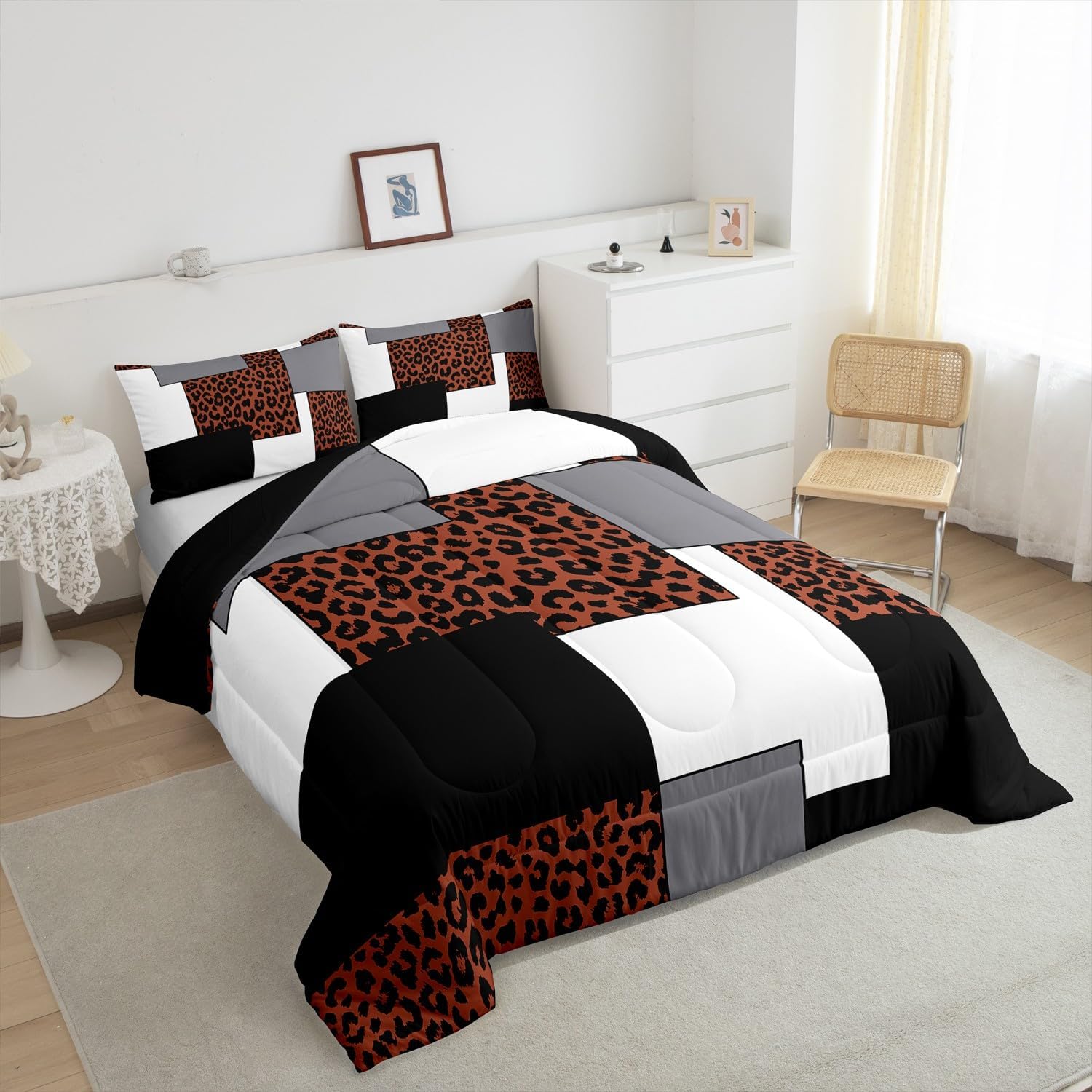 Erosebridal Mid Century Queen Comforter Set for Adult Black Grey Striped Bedding,Cheetah Print Bedding Comforter Sets,Vintage Square Reversible Duvet Insert with 2 Pillowcases