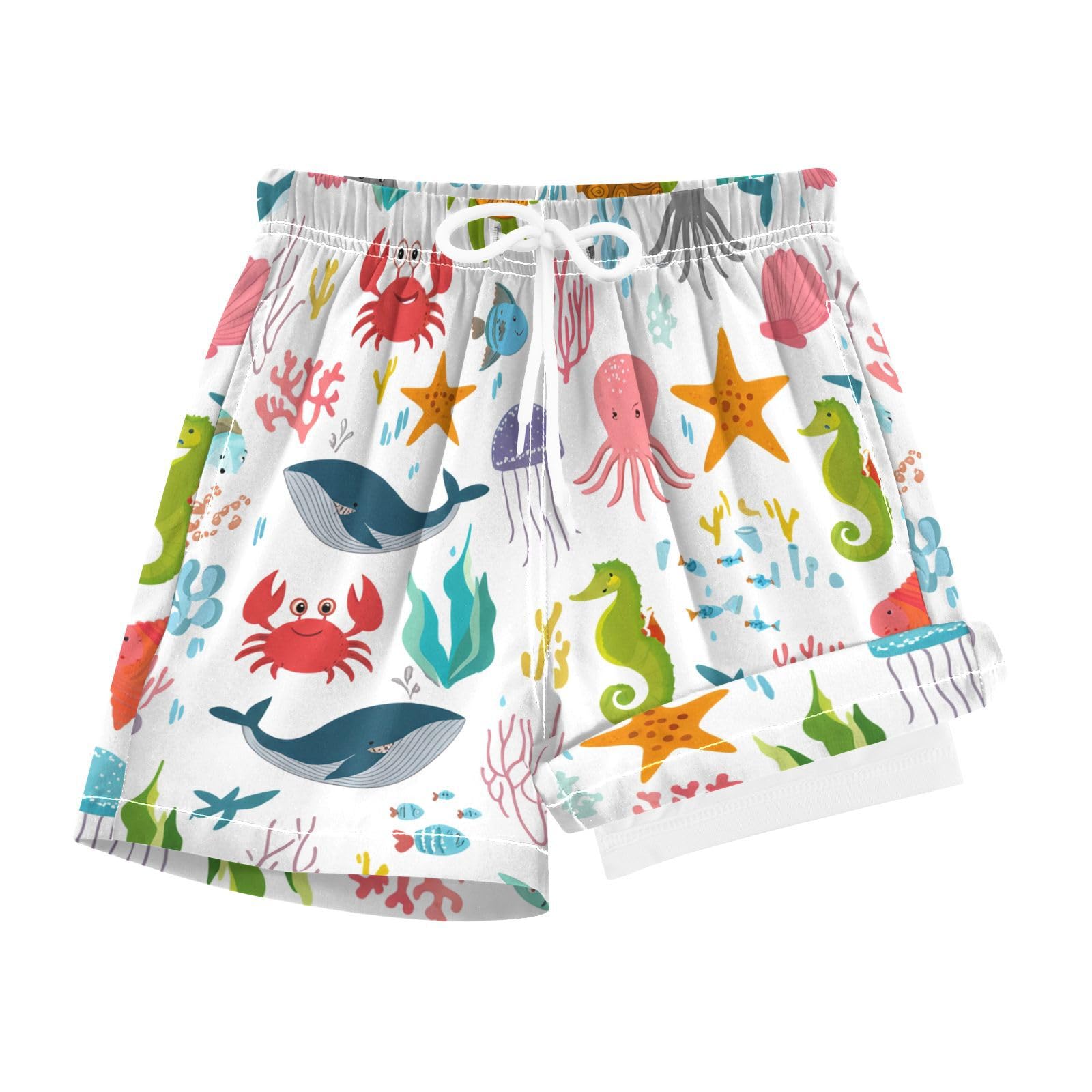 YANENDIE Boy Swim Trunks with Compression Liner Cartoon Marine Animals Boys Swim Shorts Quick Dry Beach Shorts