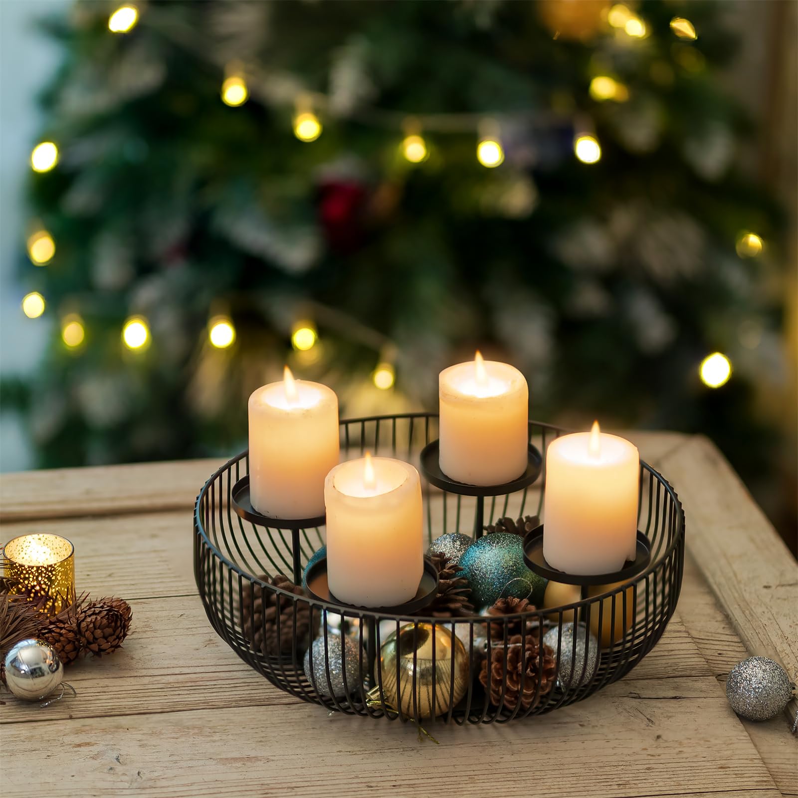 Sziqiqi Bougeoir Couronne Avent Métal, Moderne Arrangement de l'Avent Noir Support de Bougie de Avent pour 4 Bougies Piliers, Candélabres Ronde pour Décoration de Noël Avent