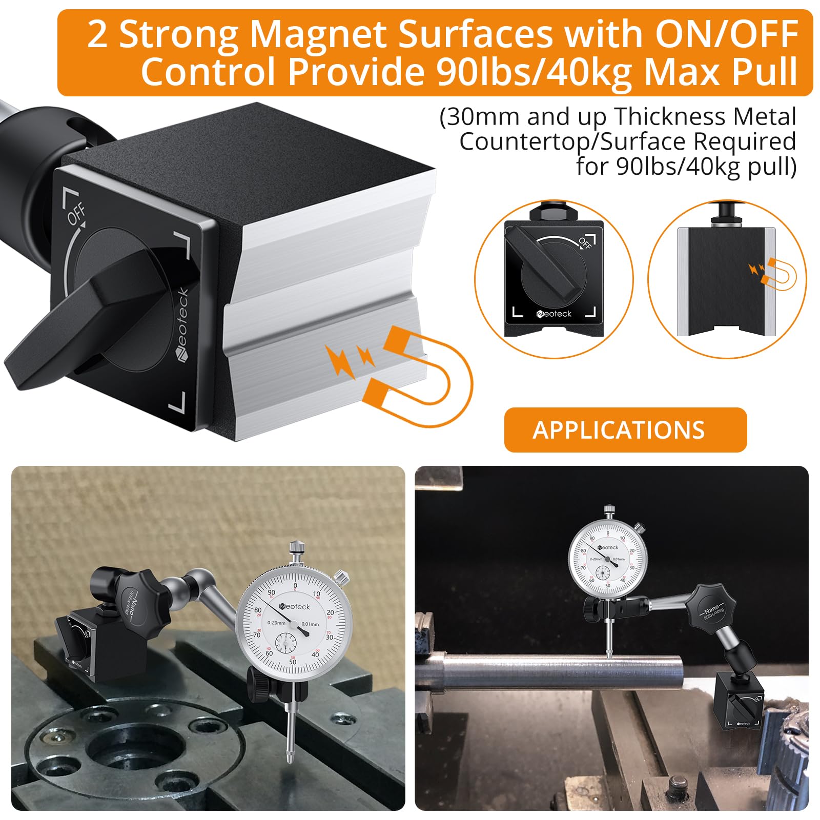 Neoteck Messuhr und Magnetfuß 20 mm Messuhren Set (0,01 mm) Messwerkzeug für Labor Werkstatt 3D Drucker - 90lbs (40kg) Max Pull