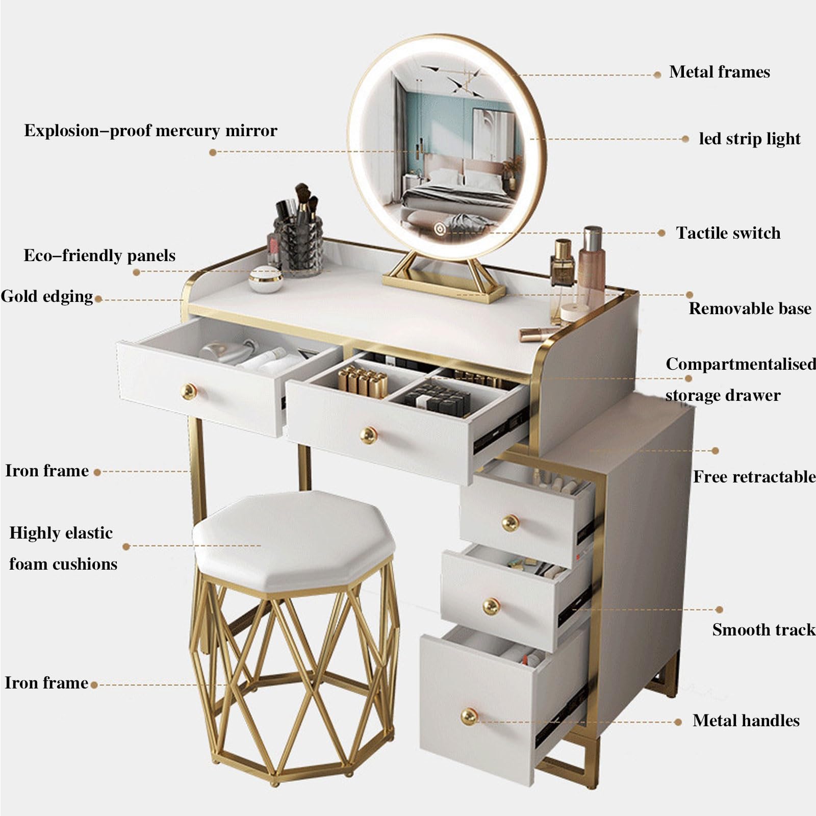 Toeletta Con Luci LED Regolabili - Tavolo Trucco Con Specchio, 4 Cassetti E Presa USB - Foto 7