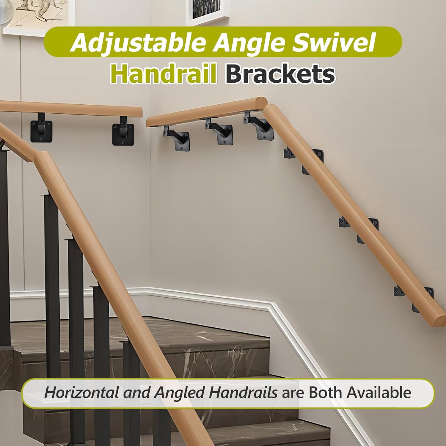 6 Pack Handrail Brackets for Indoor Stairs, Heavy Duty Hardware Support Stair Railing Bracket for Stairways, with Adjustable Square Stair Hand Rail Bracket for Staircase Outdoor, Stair Brackets Black