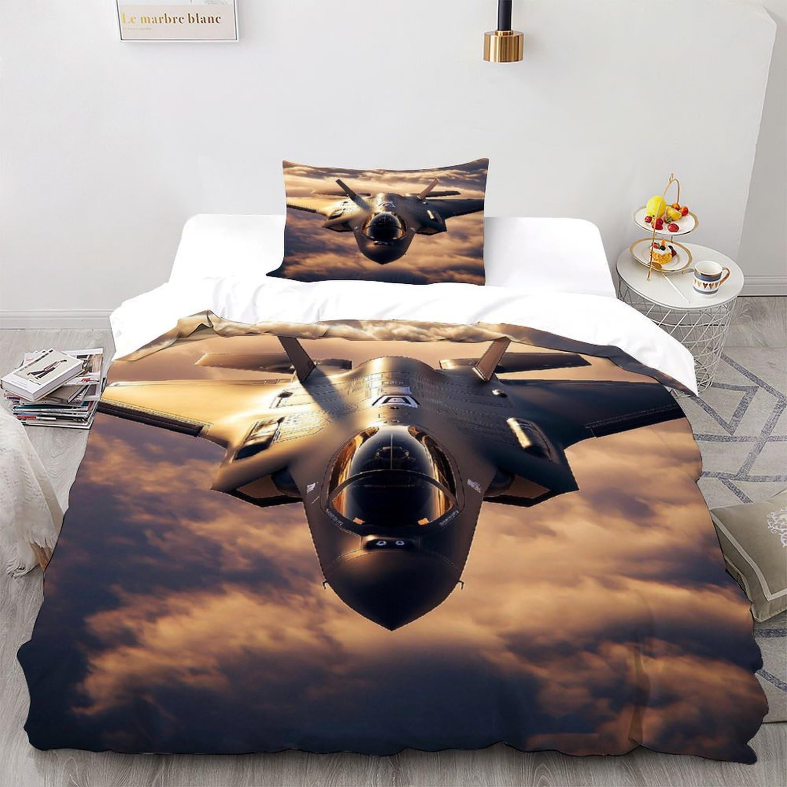 Housse de couette avion 135x200 cm avec 1 taie d'oreiller pour lit single thème espace