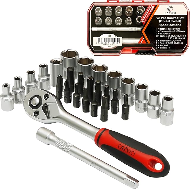 28PCs 1/4 Socket Sets Sockets & Tool Sets  Quick Release 72-Tooth Ratchet Set with Extension Bar, Bit and Sockets  Chrome Vanadium Metric Tool Kit for Home, DIY & Car Repair