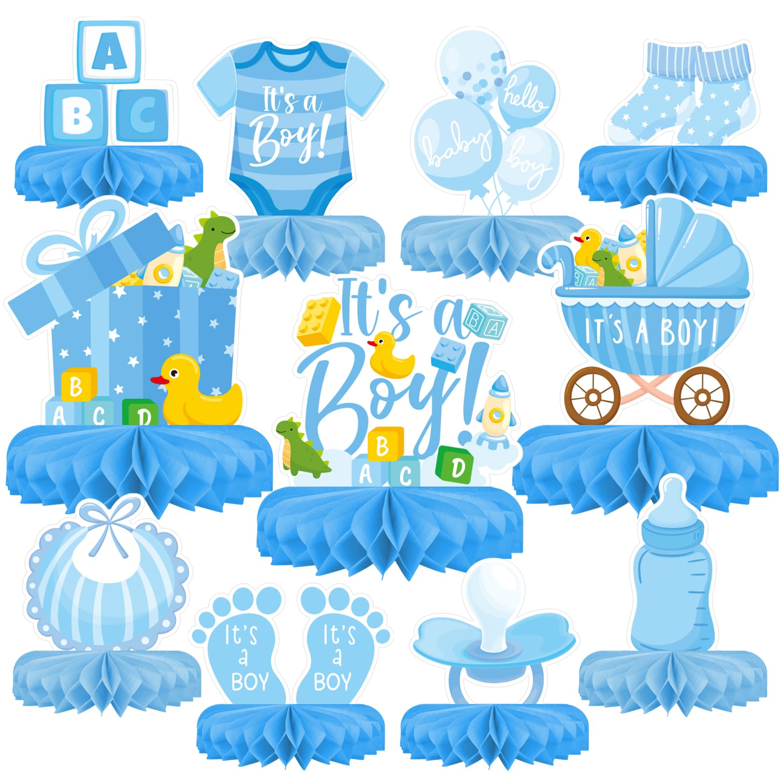 Photo 1 of Boy Baby Shower Decorations Set - Kit with blue Honeycomb Centerpiece, Baby Reveal & Themed Table Decor for the Baby Boy Shower Decorations