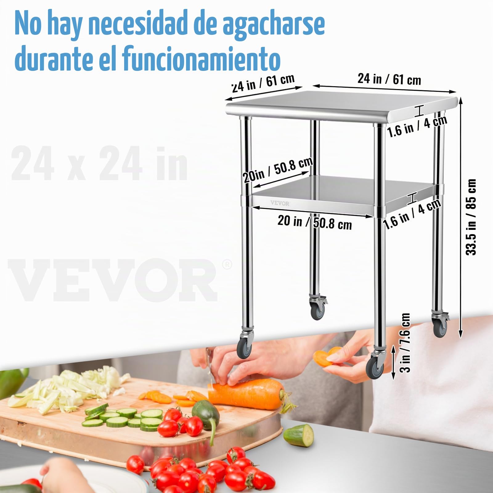 VEVOR Mesa de Trabajo de Acero Inoxidable 61x61x91,4 cm Mesa de Preparación de 2 Niveles Carga de 272,4 kg Mesa de Cocina con 4 Ruedas Estante Ajustable en Altura para Cocina Restaurante Bar Garaje