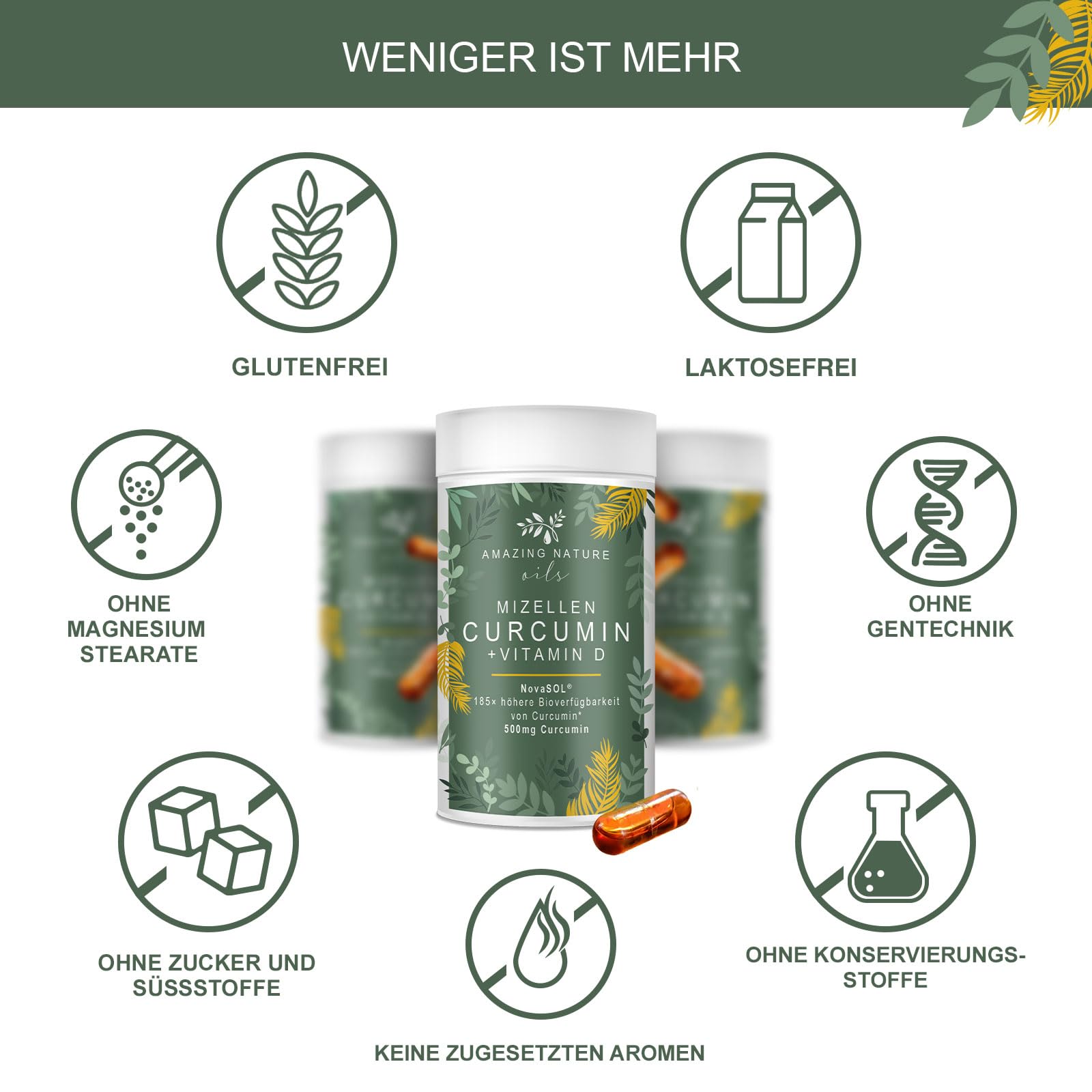 Mizellen Curcuma Kapseln Hochdosiert mit 185x höher verfügbarem NovaSOL Curcumin angereichert mit Vitamin D und C ohne Piperin 1 x 60 Premium Flüssig Kurkuma Kapseln Hochdosiert | 185x Bioverfügbarkeit durch NovaSOL®, ohne Piperin, mit Vitamin D & C für e