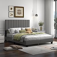 Vista 6 de Giantex Base de cama de plataforma tamaño Queen, necesita somier, base de colchón tapizada moderna con cabecera de tela de lino, patas de madera