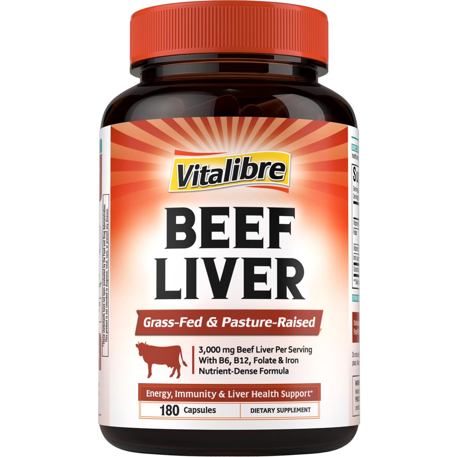 Vitalibre Beef Liver Capsules 3000 mg, Grass Fed Pasture Raised, with B6, B12, Folate & Iron, Freeze Dried, No Hormones, Non-GMO, Energy Production, Immunity, Digestion, Liver Function, 180 Caps