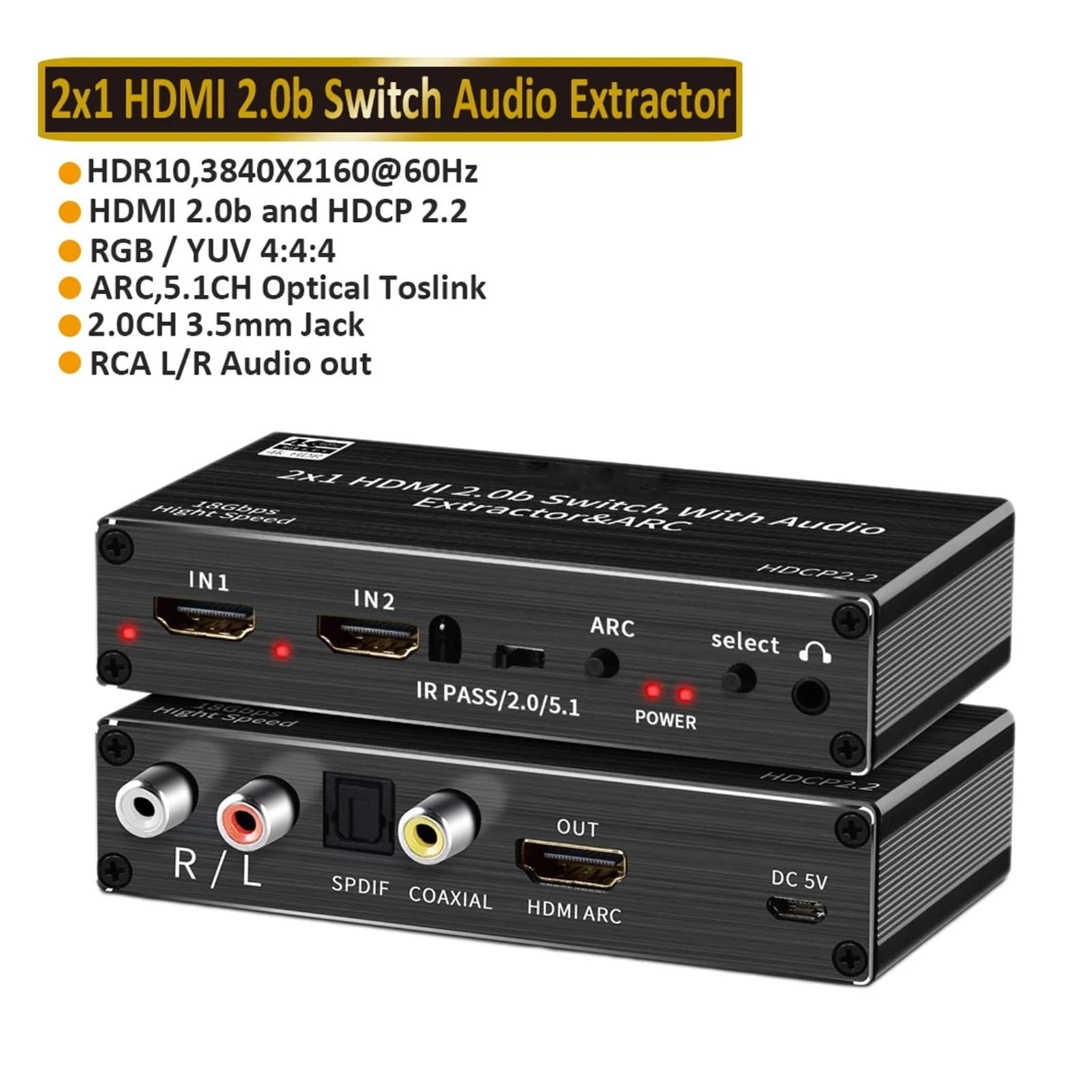Conmutador 4K 2.0, Extractor de conmutadores, Divisor HDR ARC 4X1 con Control Remoto (Entrada + toslink + Salida estéreo)(ZY-HA001)