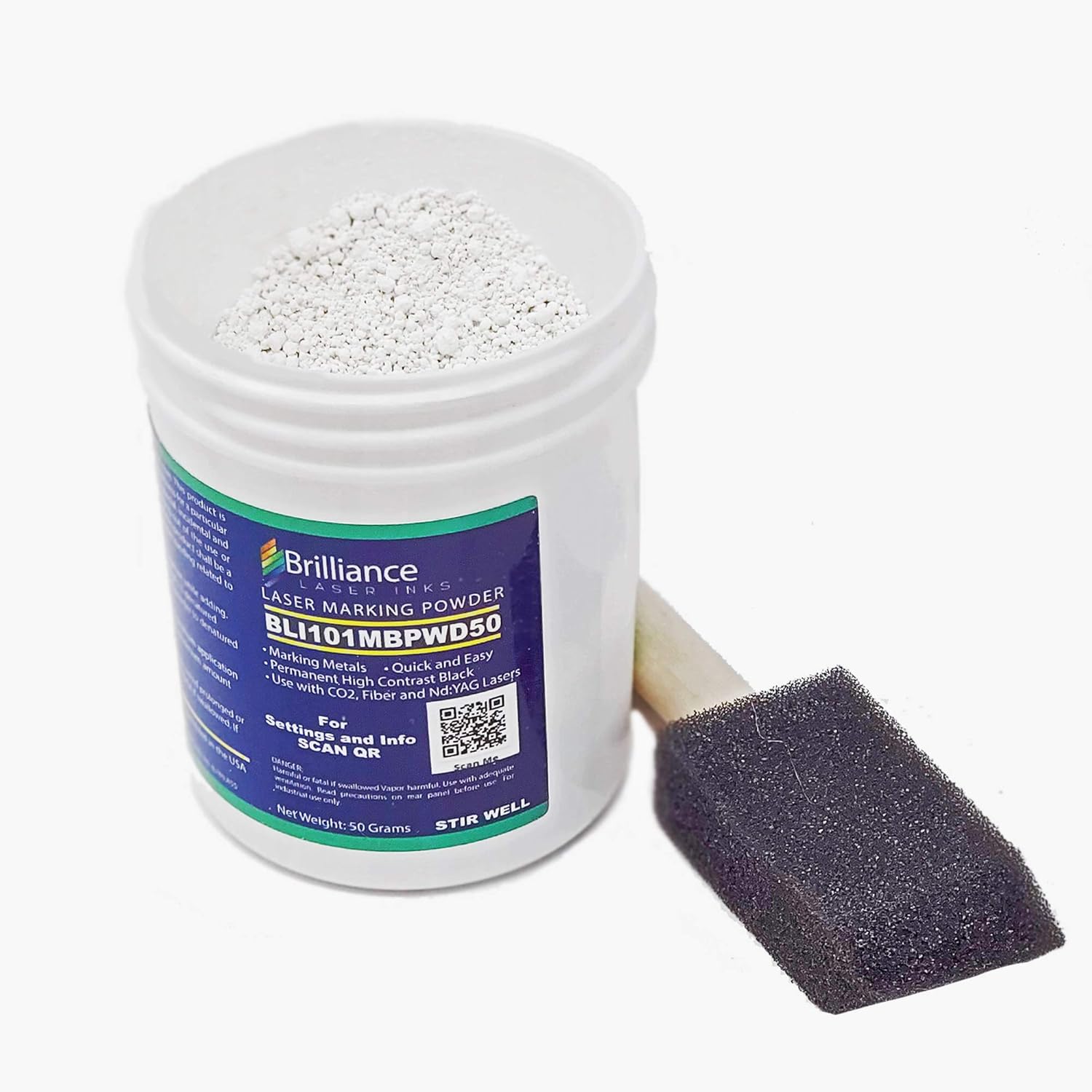 Brilliance Laser Inks 50 Grams Black Metal Marking Powder with Foam Brush | Permanent Durable High Contrast Laser Engraving Accessories for Fiber, YAG, and CO2 Laser Engraver BLI101MBPWD50 - Image 2
