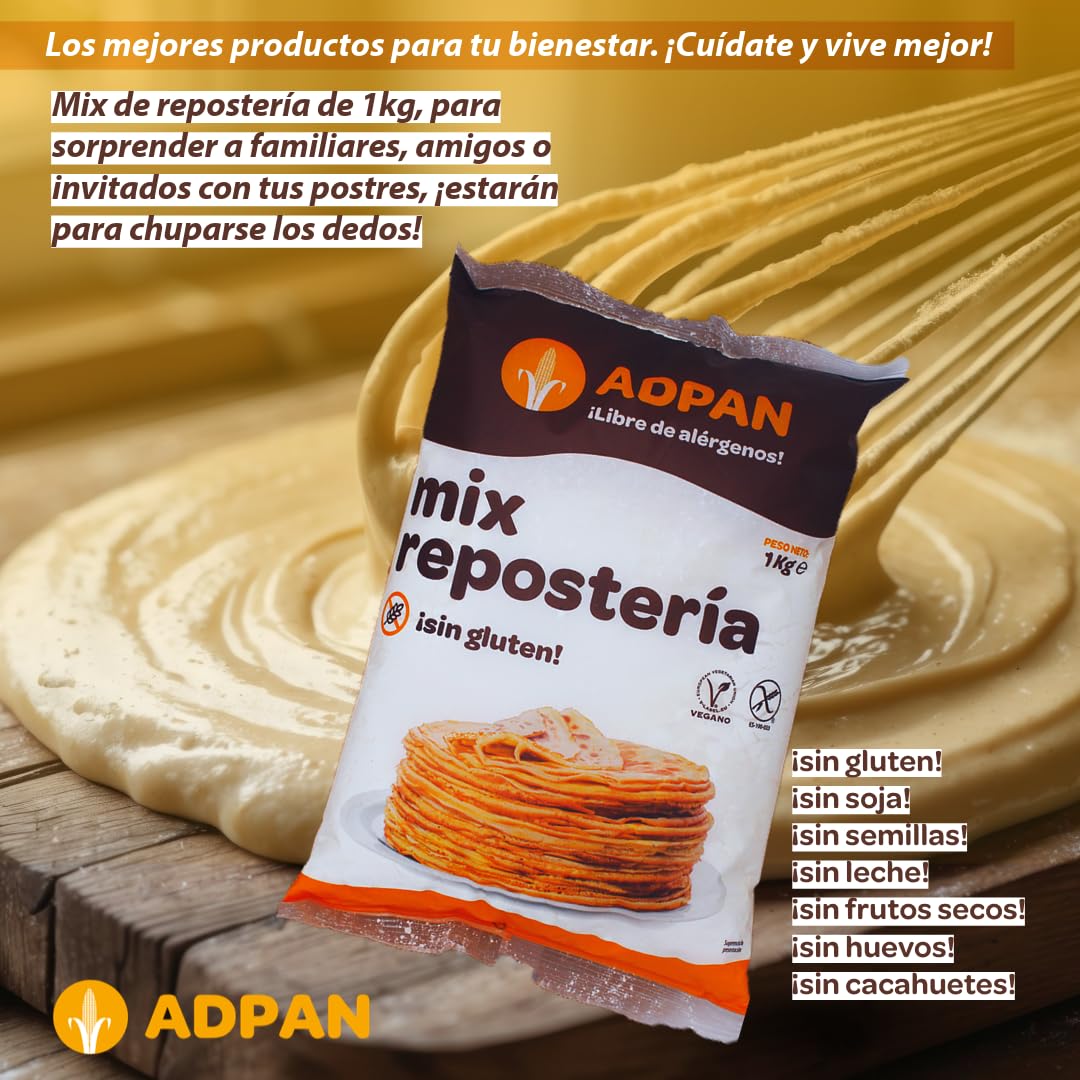 ADPAN Mix de Repostería Sin Gluten – Preparado para Postres Sin Alérgenos, Sin Gluten, Mezcla en Polvo Vegana para Repostería Casera – Pack de 3 Bolsas de 1 kg
