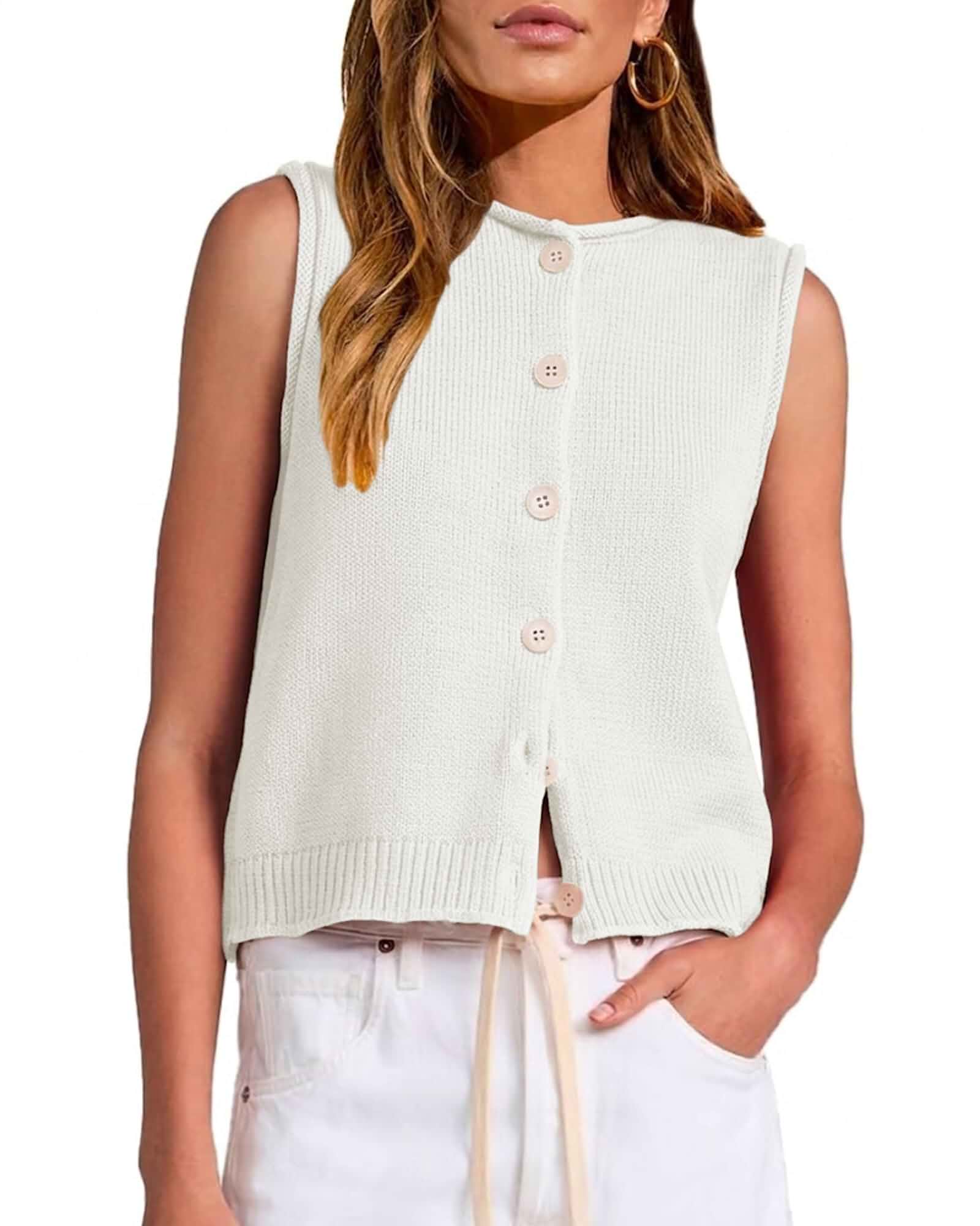 Womens Sleeveless Sweater Vest Button Up Rib Knit Tank Cardigan Trendy Lightweight Tank Top, Casual Roll Crew Neck, Breathable Soft Knitted Vest, Everyday Layering Waistcoat Summer Fall