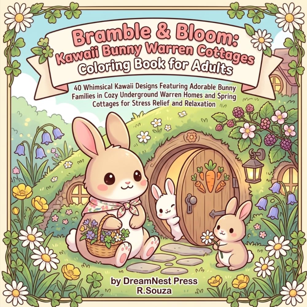 Bramble & Bloom: Kawaii Bunny Warren Cottages Coloring Book for Adults: 40 Whimsical Kawaii Designs Featuring Adorable Bunny Families in Cozy ... Cottages for Stress Relief and Relaxation