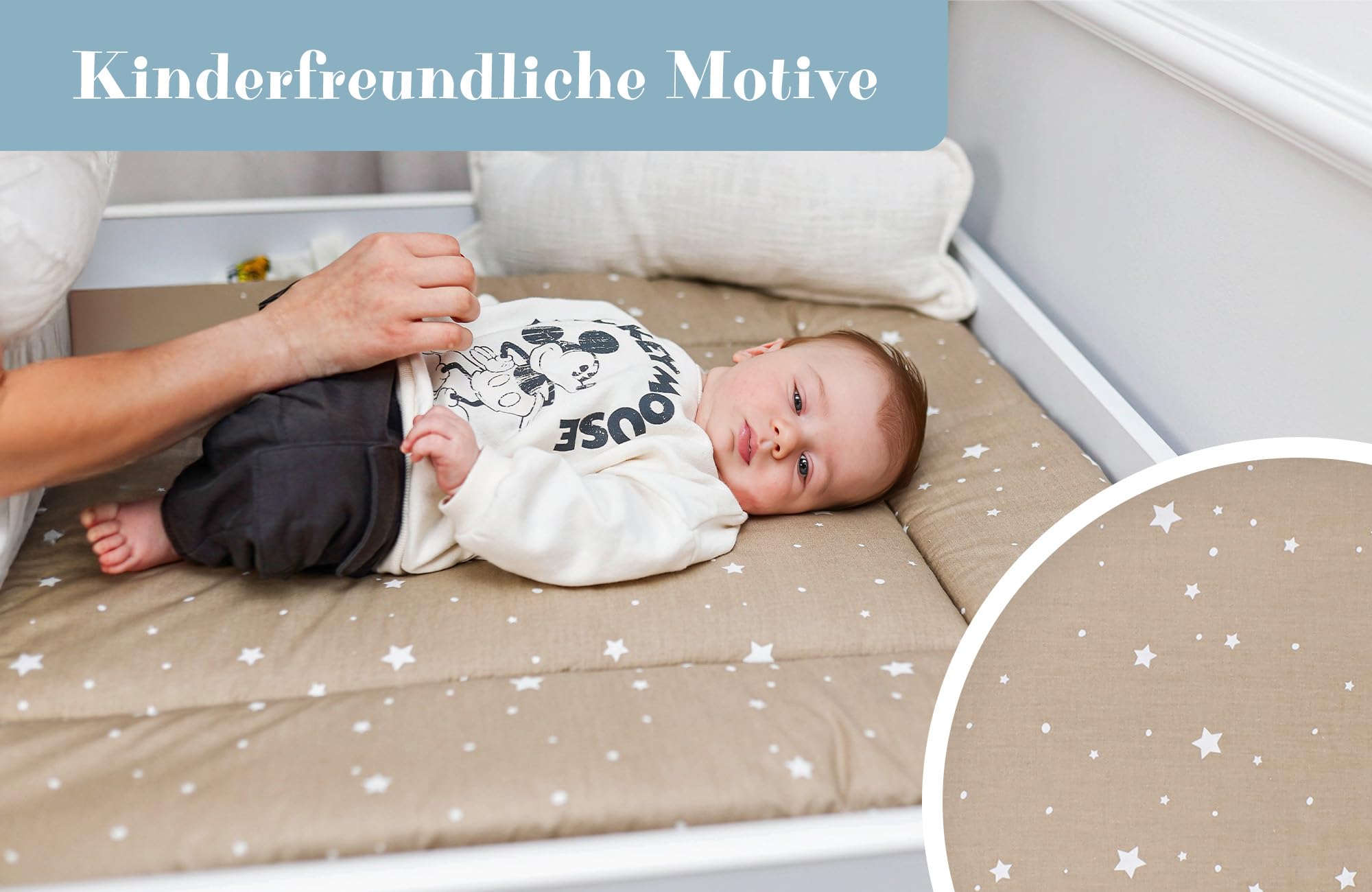 Wickelauflage Wickelunterlage aus Baumwolle 75x72 cm - Weich und waschbar Wickelunterlage für Babys Wickelmatte aus Stoff für Wickeltisch Wickelkommode Waschmaschine Oeko-Tex Beige mit Weiß Sternen