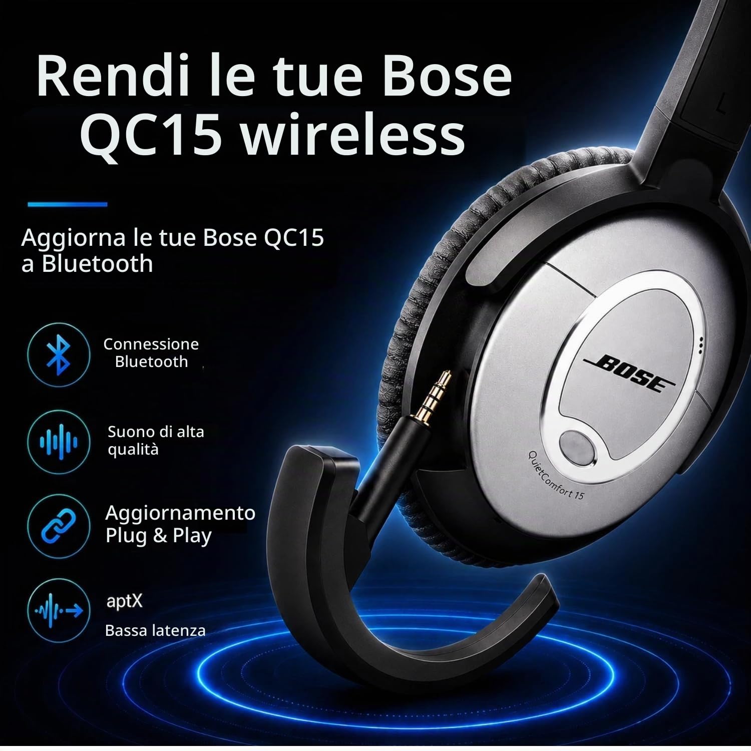 Adattatore Bluetooth per Bose QuietComfort 15, Nero | Aggiungi audio Bluetooth alle cuffie Bose QC15, con supporto AptX, microfono integrato e controlli del volume
