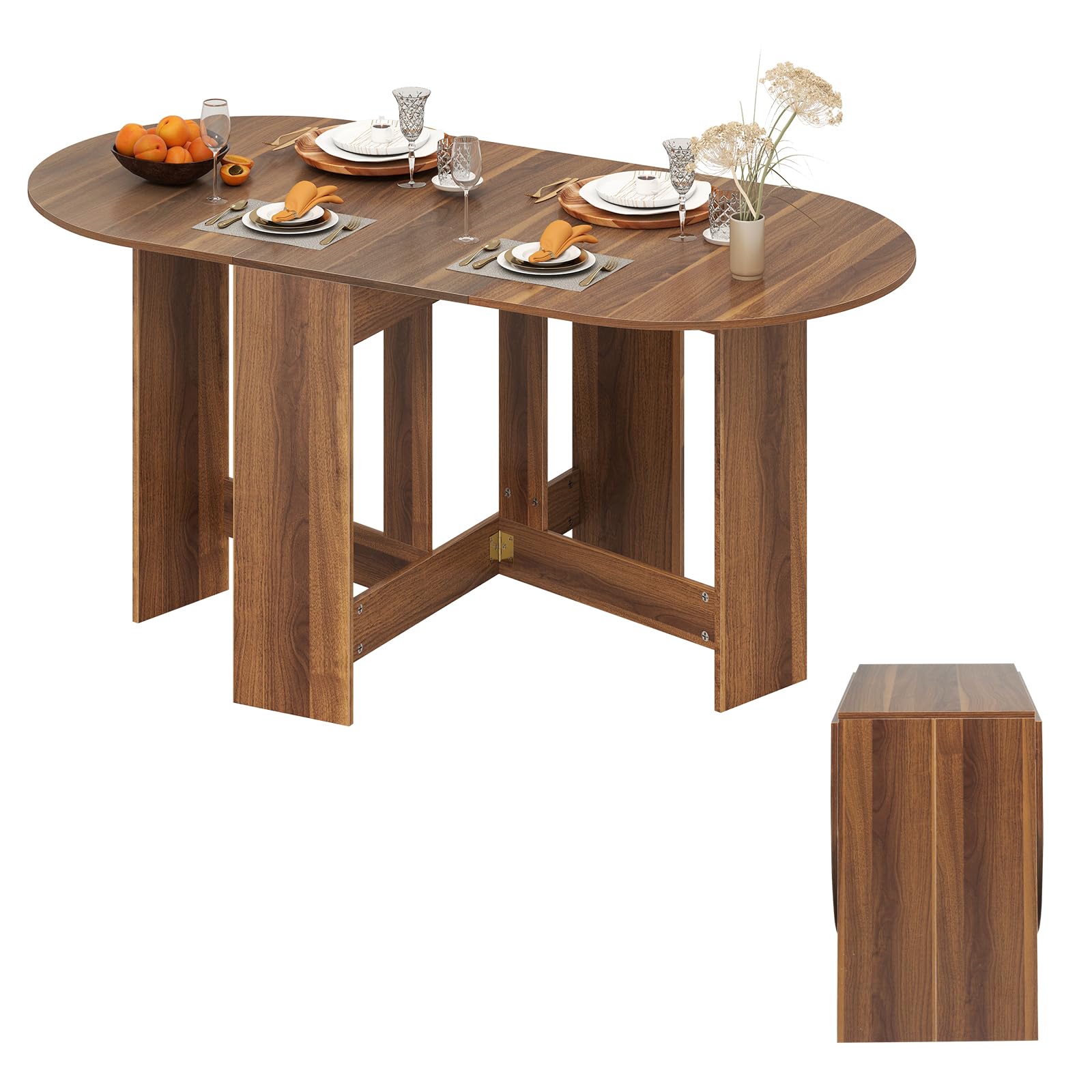 GIANTEX Folding Dining Table, Folding Table, Wooden Kitchen Table, Dining Table for 4-7 People, Functional Table, Living Room Dining Table, Oval Kitchen Table, Space-Saving Foldable, 163 x 80 x 75 cm