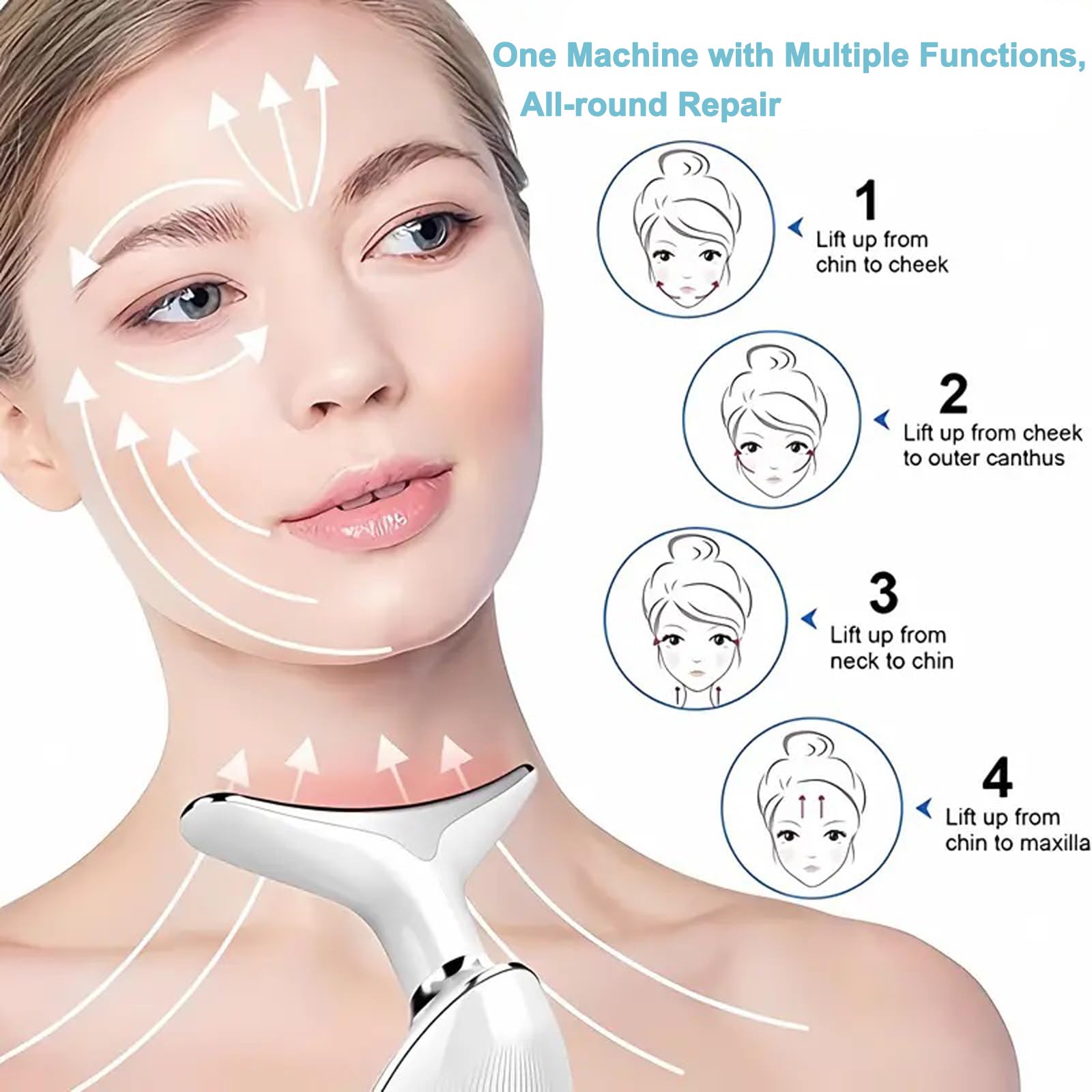 Masseur Visage Électrique, Appareil Anti-Rides à 7 Couleurs avec 3 Modes de Massage, Masseur Visage et Cou Vibrant pour Raffermissement et Douceur de la Peau (Blanc)