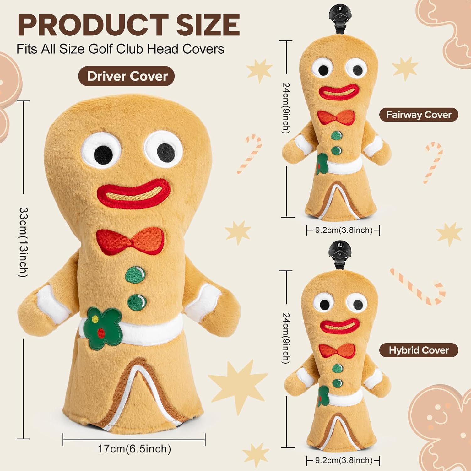 Golf Club Head Covers, Plush Gingerbread Man Golf Driver Covers Fairway Wood Hybrid Head Covers with Interchangeable Tags Advanced Embroidery 3 Wood Headcover Set