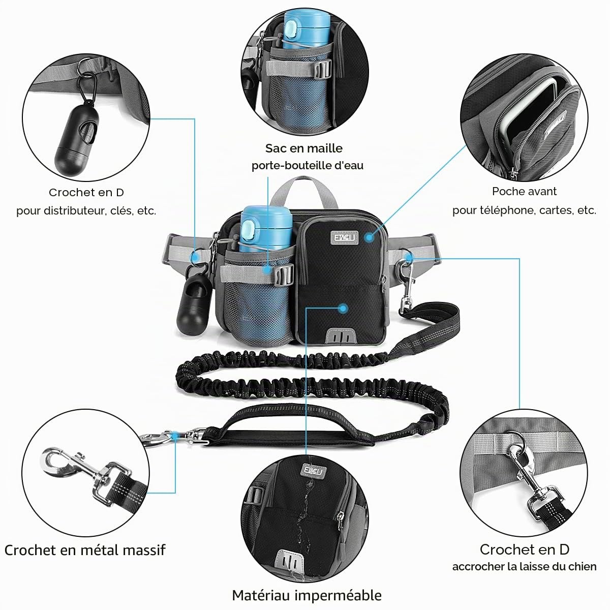 ETACCU Laisse Canicross Chien, Ceinture Canicross Chien avec Téléphone Portable, Porte-Bouteille d'eau, Anti-tirons, réfléchissant, Idéal pour Course à Pied, Jogging et Marche, 123-180 cm