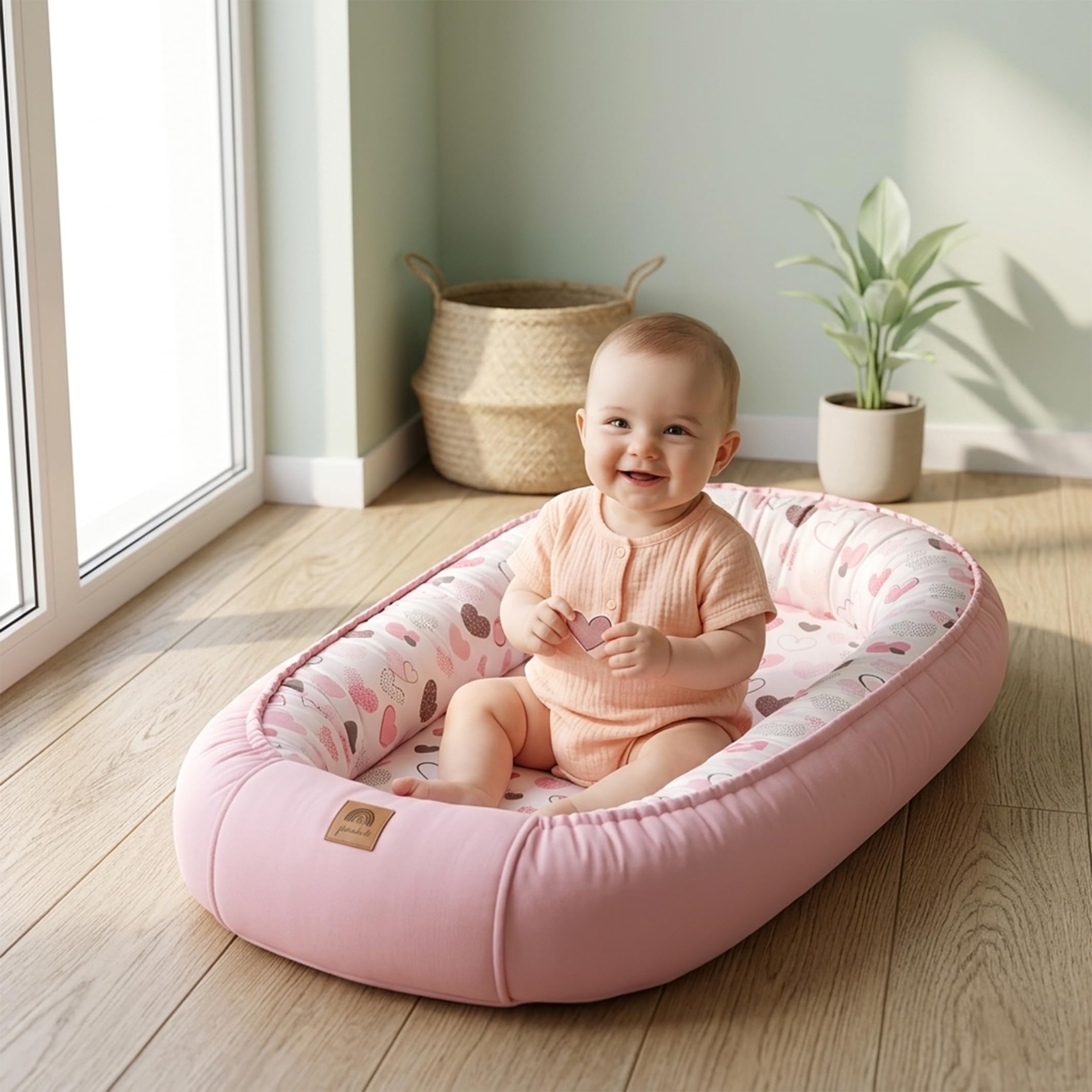 Nid de bébé 2 côtés - Nid cocon pour bébé - Hypoallergénique - 90 x 55 cm - Coton et velours - Cœurs roses avec rabat