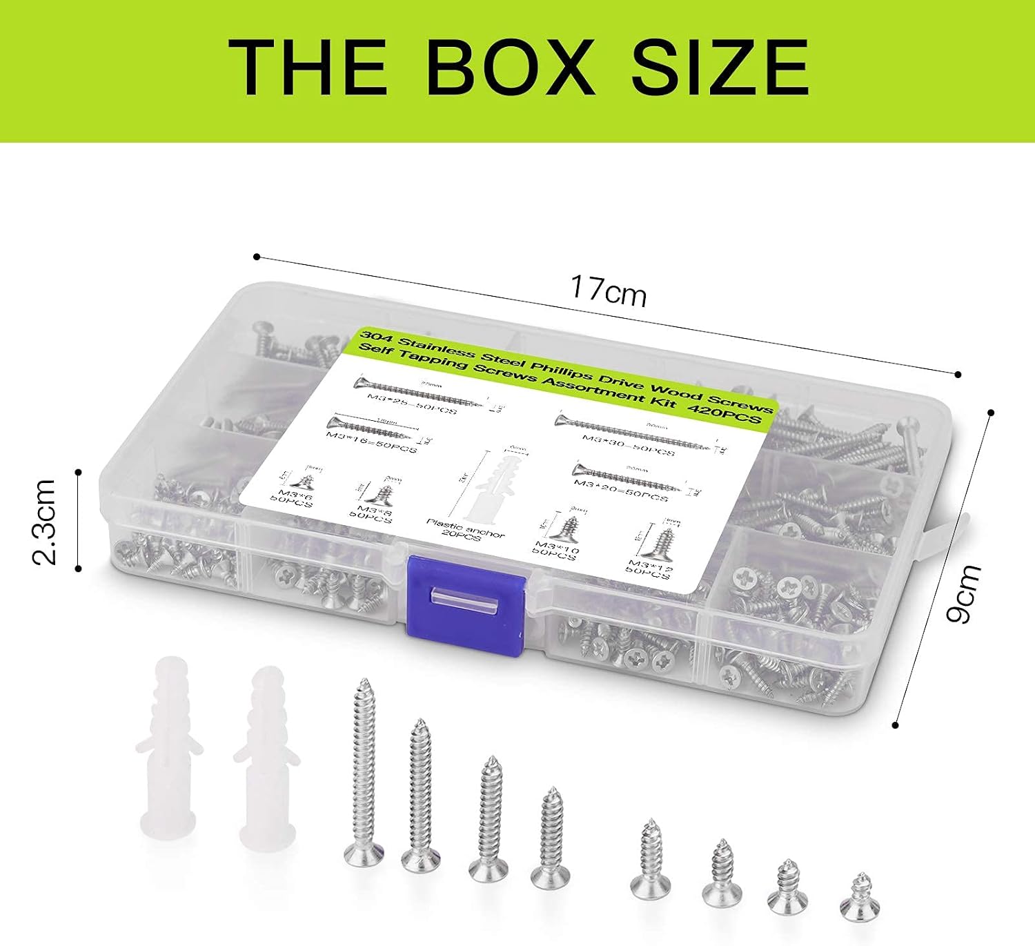 420pcs M3 Flat Head Self-Tapping Screws Assortment Kit,304 Stainless Steel Wood Screw Phillips Flat Head,Contains 20pcs M6 Screw Anchors - Image 5