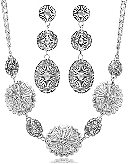 2 Pcs Concho Western Necklace Earrings Jewelry Set for Women Vintage Cowgirl Dangle Earrings Boho Choker Necklaces Western Country Concert Outfits for Women Concho Jewelry Gift