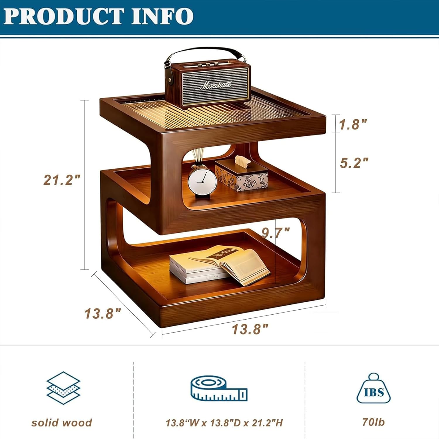 End Table with Open Storage Shelf, Side Table with Tempered Glass Tabletop, Solid Wood Nightstand with Led Lights, Modern Bedside Cabinet for Bedroom, Living Room, No Assembly Required, Walnut