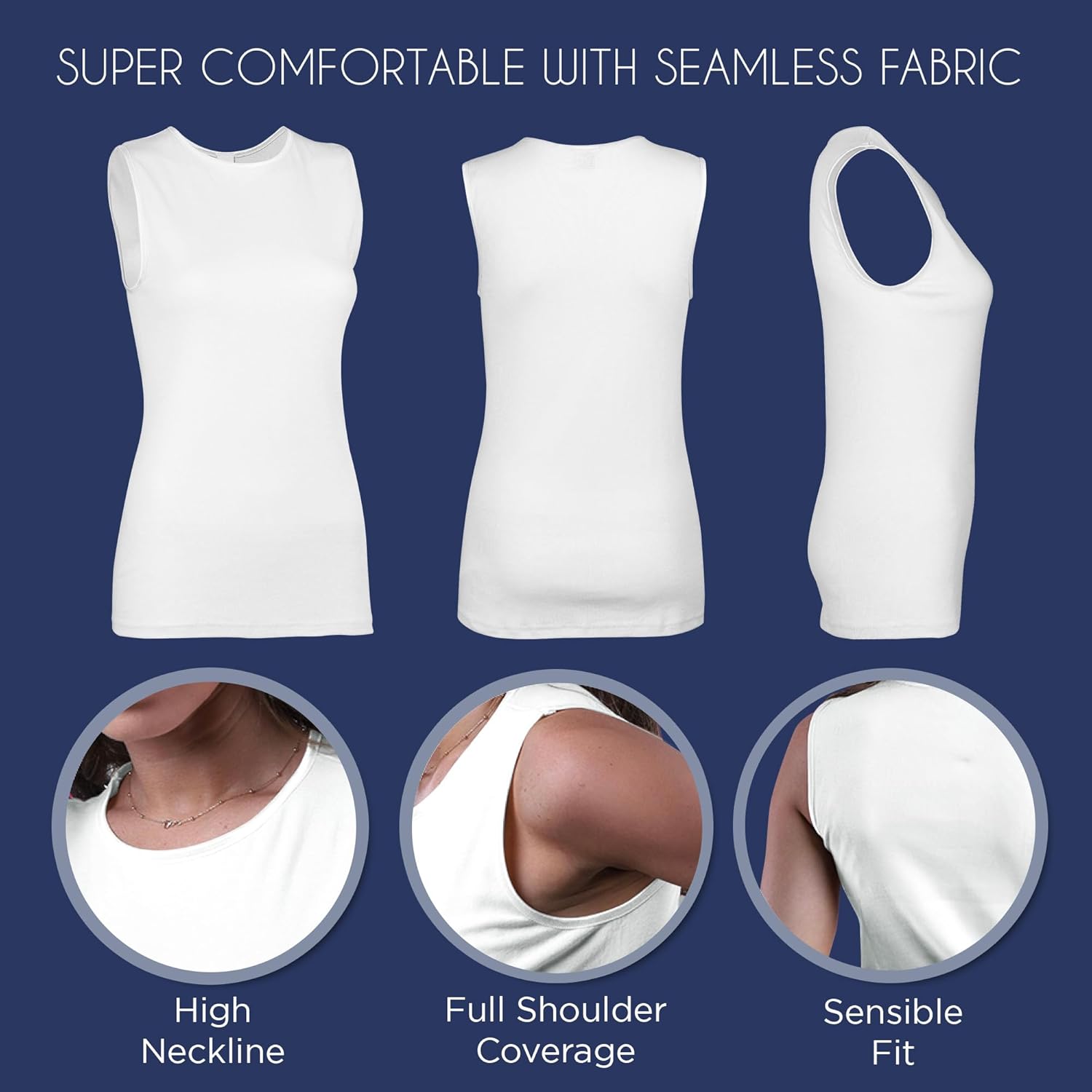 Women’s Sleeveless Undershirt - Layering Cotton Tank Top– High Neck Camisole, Full Shoulder Design White - Image 3