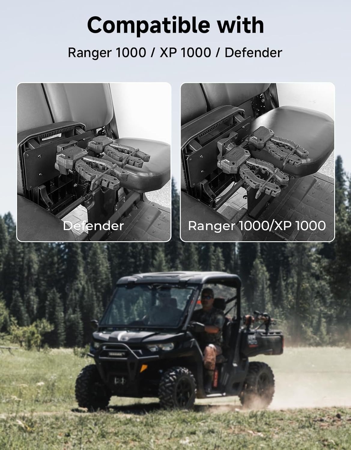 KEMIMOTO UTV Under Seat Bow Rack Auto-Grip Hunting Tool Holder Gear Mount with Rubber Straps Compatible with Can-Am Defender Polaris Ranger