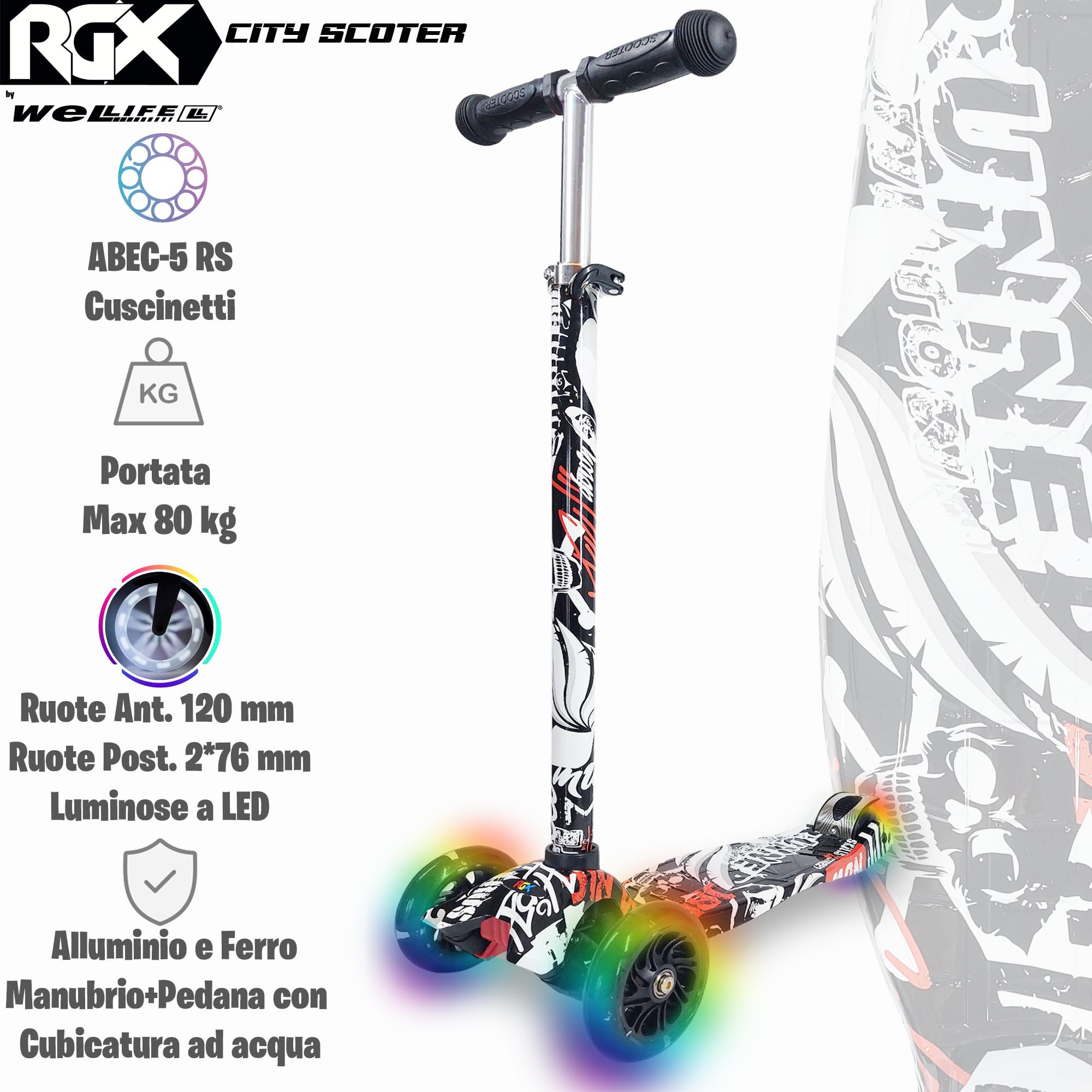 WeLLIFE |Scooter RGX| Monopattino per Bambini da 3 a 12 Anni| Monopattino Bambino 3 Ruote Luminose a LED| Monopattino Bambina con Impugnatura Regolabile in Altezza|