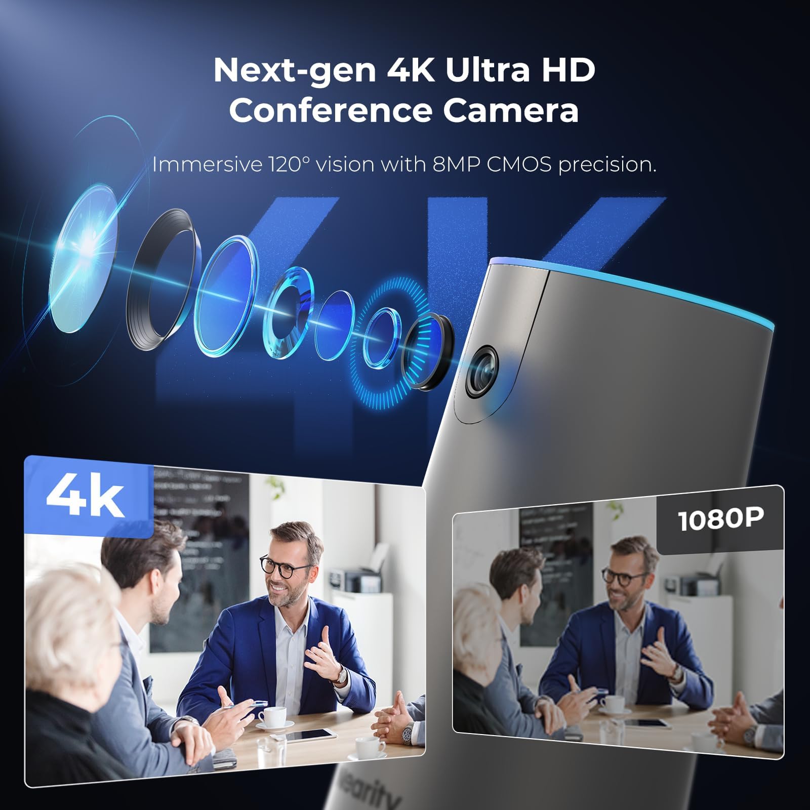NEARITY 120 Max Webcam 4K Professionale Full HD con 4 Microfoni con Cancellazione del Rumore, 8MP CMOS/Grandangolare 120°/Zoom 5X/Auto Inquadratura, Webcam All-in-1 per Videoconferenza Sala Riunioni