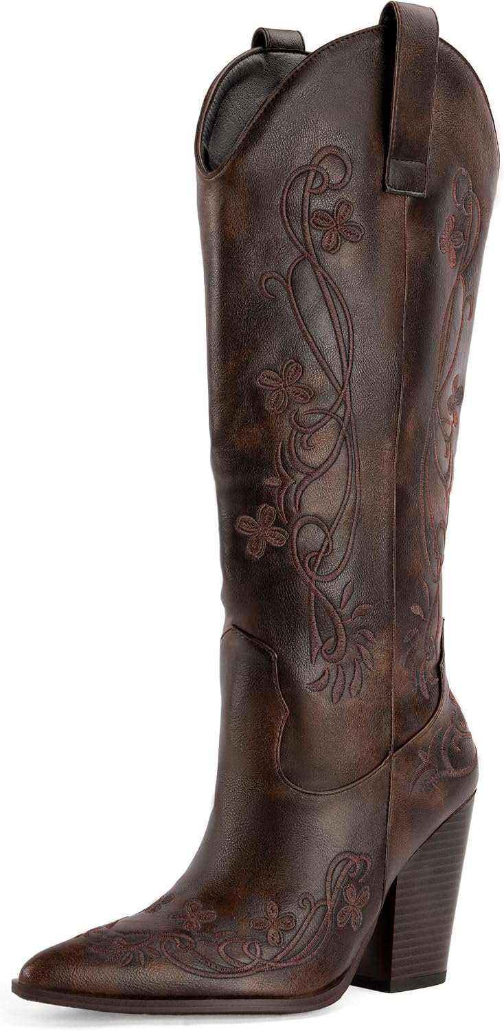 keleimusi Knee High Western Cowboy Boots with Floral Embroidery Pointed Toe Chunky Heel Cowgirl Boots for Rodeo Country Concert Tall Boots for Ladies