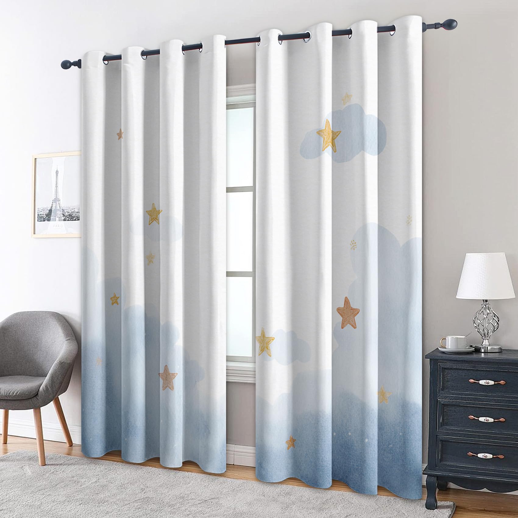 Générique Rideaux Occultants Thermique Motif étoilé Nuage, Rideau Fenetre à Oeillets Imprimé Mignon, pour Decoration Salon Chambre, 75 x 166 (LxH) 2 Pieces UD47