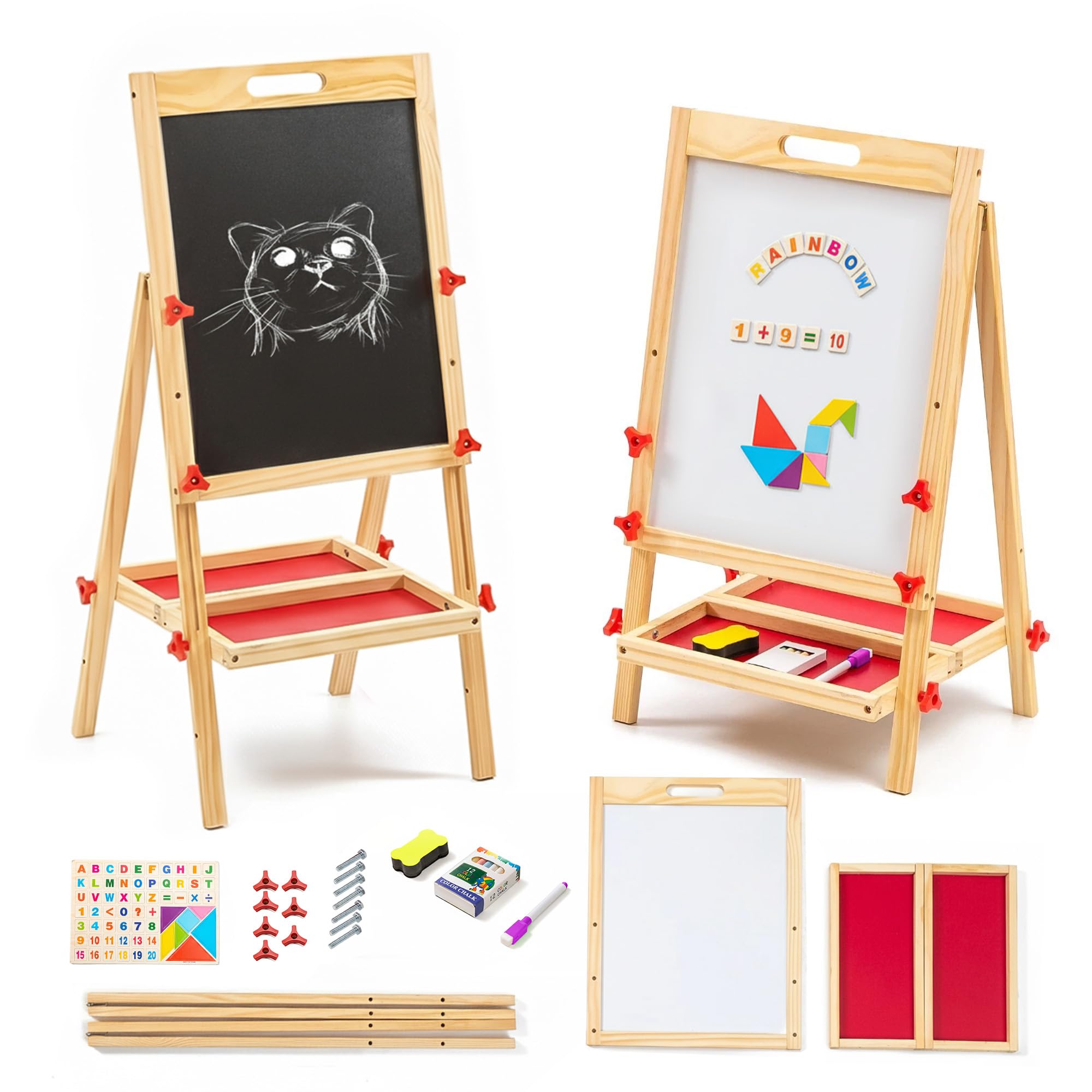 FB FunkyBuys Kids easel double sided with Magnetic Whiteboard & Chalk board for kids, 54pc Magnetic letters and numbers for children, Coloured chalk, Dry erase marker & Whiteboard eraser sponge (89cm)