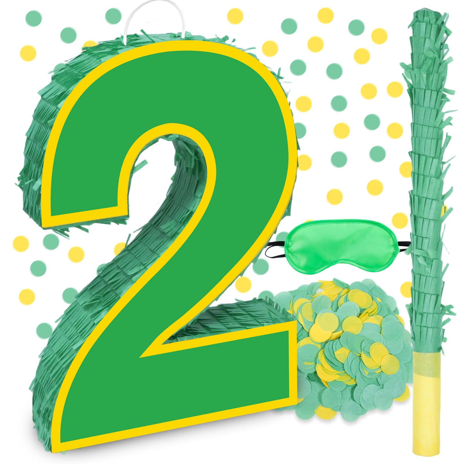 Decoraciones de fiesta de cumpleaños amarillo y verde, piñata número 2 amarillo y verde de 15.7 pulgadas con confeti para niñas y niños, decoraciones de fiesta de segundo cumpleaños