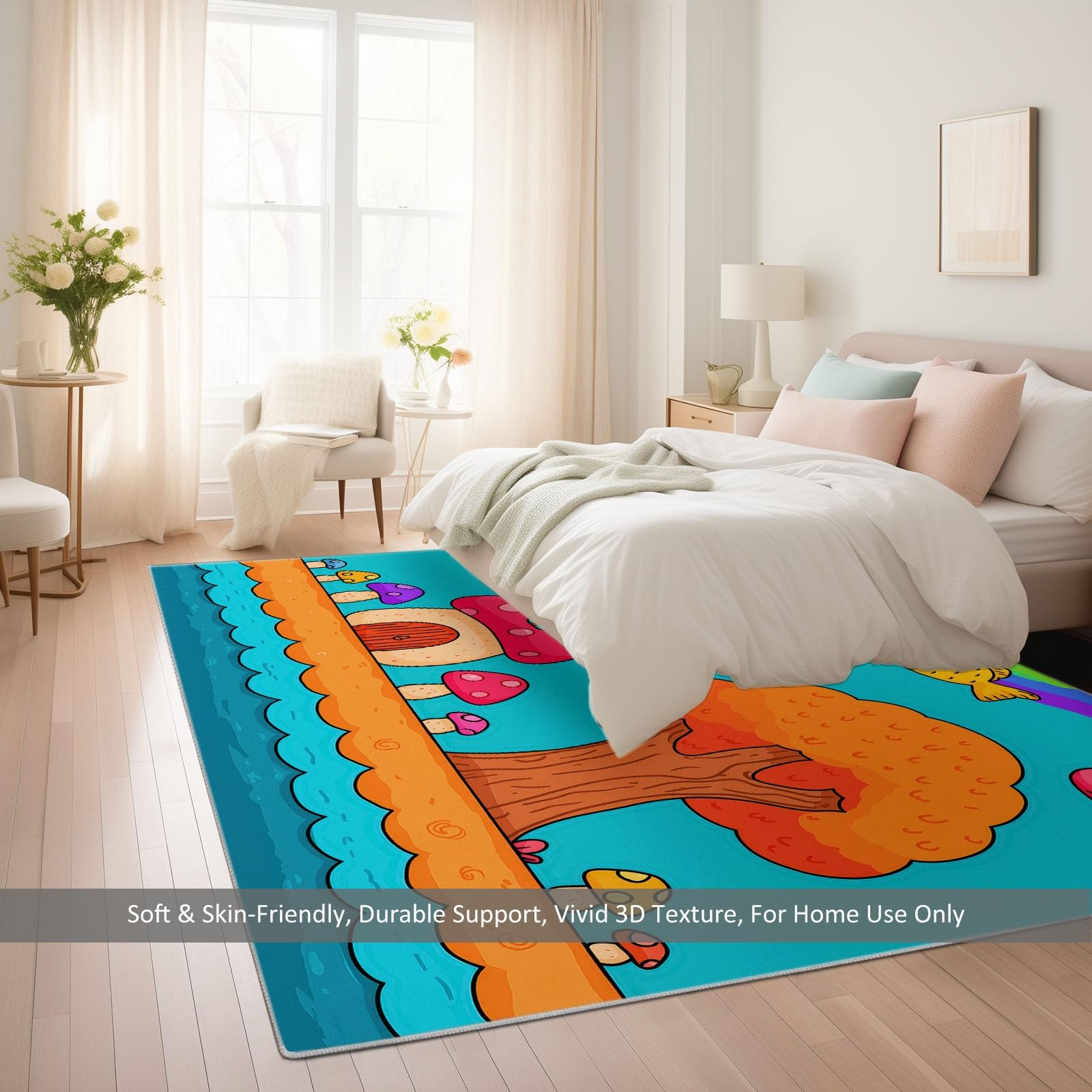 Uroczy grzyb, dom, tęcza, ryba, zmywalny dywanik, 180 x 240 cm, dywan z krótkim włosiem, kreskówkowy dywanik do salonu, miękka mata dywanowa, wystarczająco trwała, składana, do sypialni i jadalni