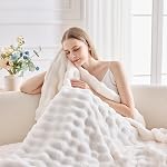 Wajade Soft Fleece Throw Blanket for Couch, 90x106 Inches 3D Bubble Decorative Cozy Fuzzy Flannel Blanket, Lightweight Warm Blanket for Bed Office, Ivory