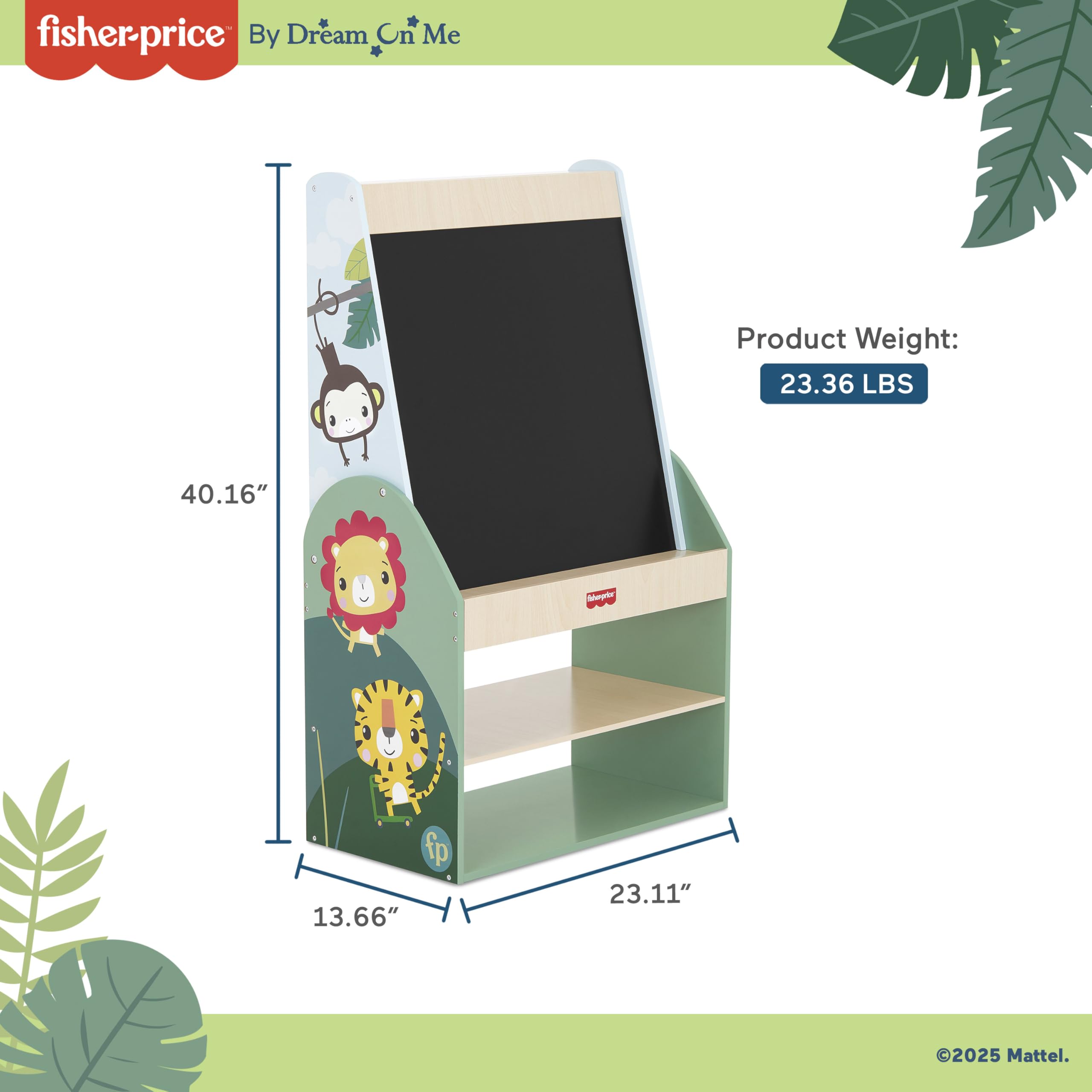 Fisher-Price Fauna Collection Wild Wonder Artist Center by Dream On Me, Jungle Print, Built-in Blackboard, Crafted with Durable Pinewood