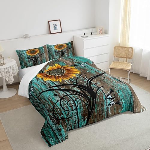 Miniatura 4 de Erosebridal Juego de edredón turquesa con puerta de granero, tamaño Queen, juego de edredón de girasol grunge, rústico, granja, mariposa, edredón