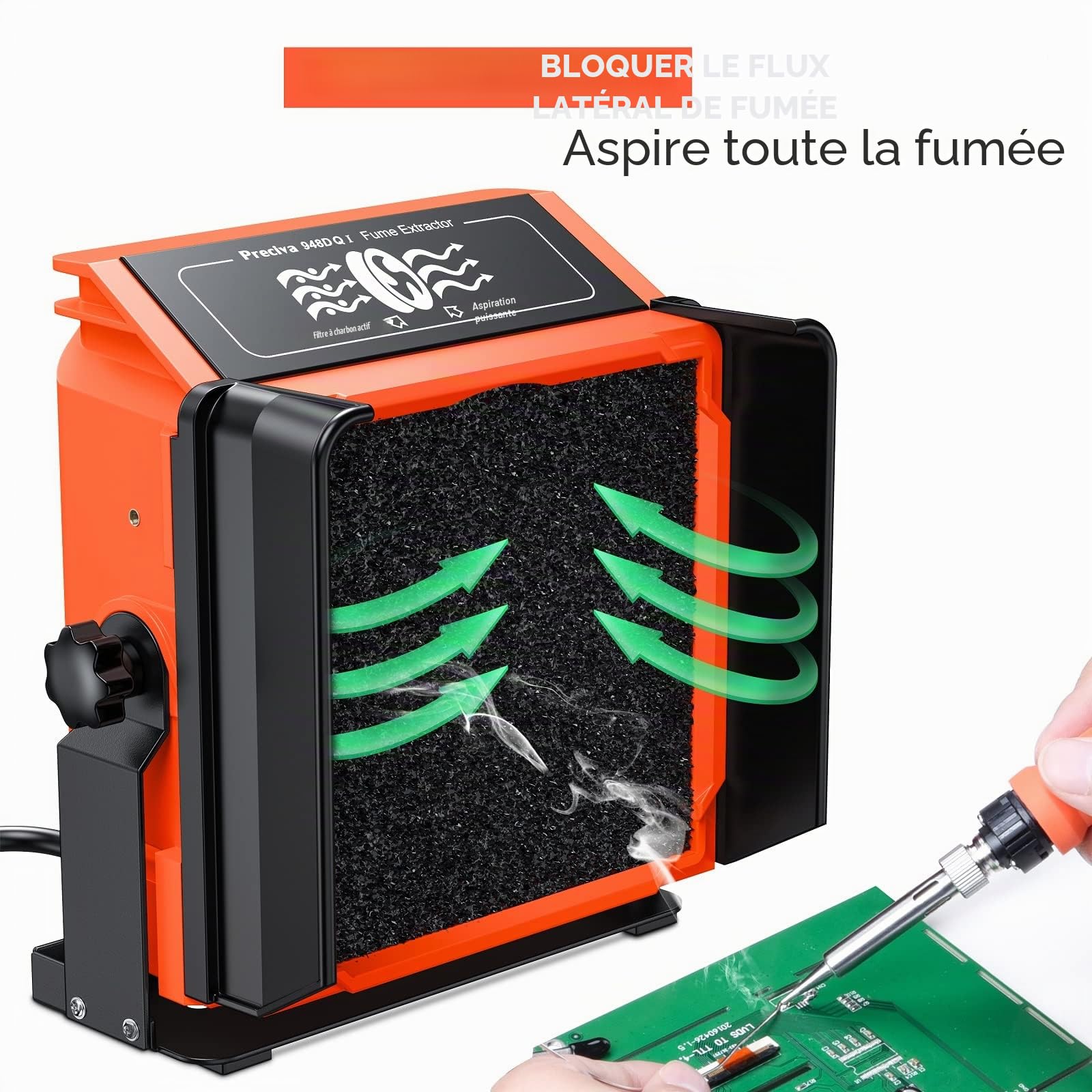 Extracteur de Fumée, Preciva Fer a Souder Etain avec 8 Filtres à Charbon Actif, 2 Clips Auxiliaires et 2 Déflecteurs, Puissance d'aspiration Exceptionnelle, Angle Réglable (French Plug)