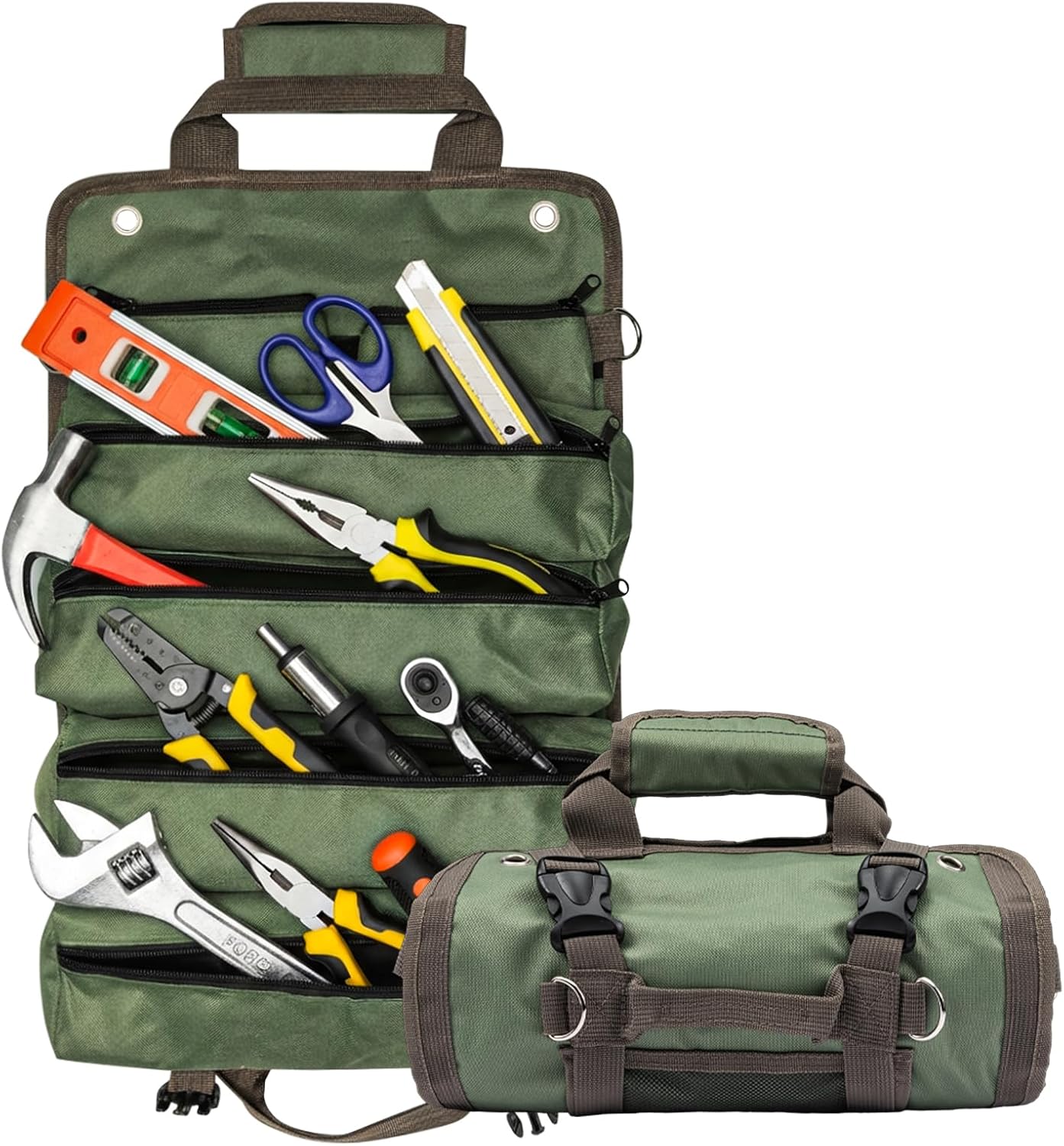 Portable Roll up Tool Bag, Heavy Duty Tool Organizer Bag with 5 Compartments & 2 Detachable Pouches for Tool Storage, Water Resistant Foldable Tool Roll Bag for Dad Men Electrician Mechanic Gift