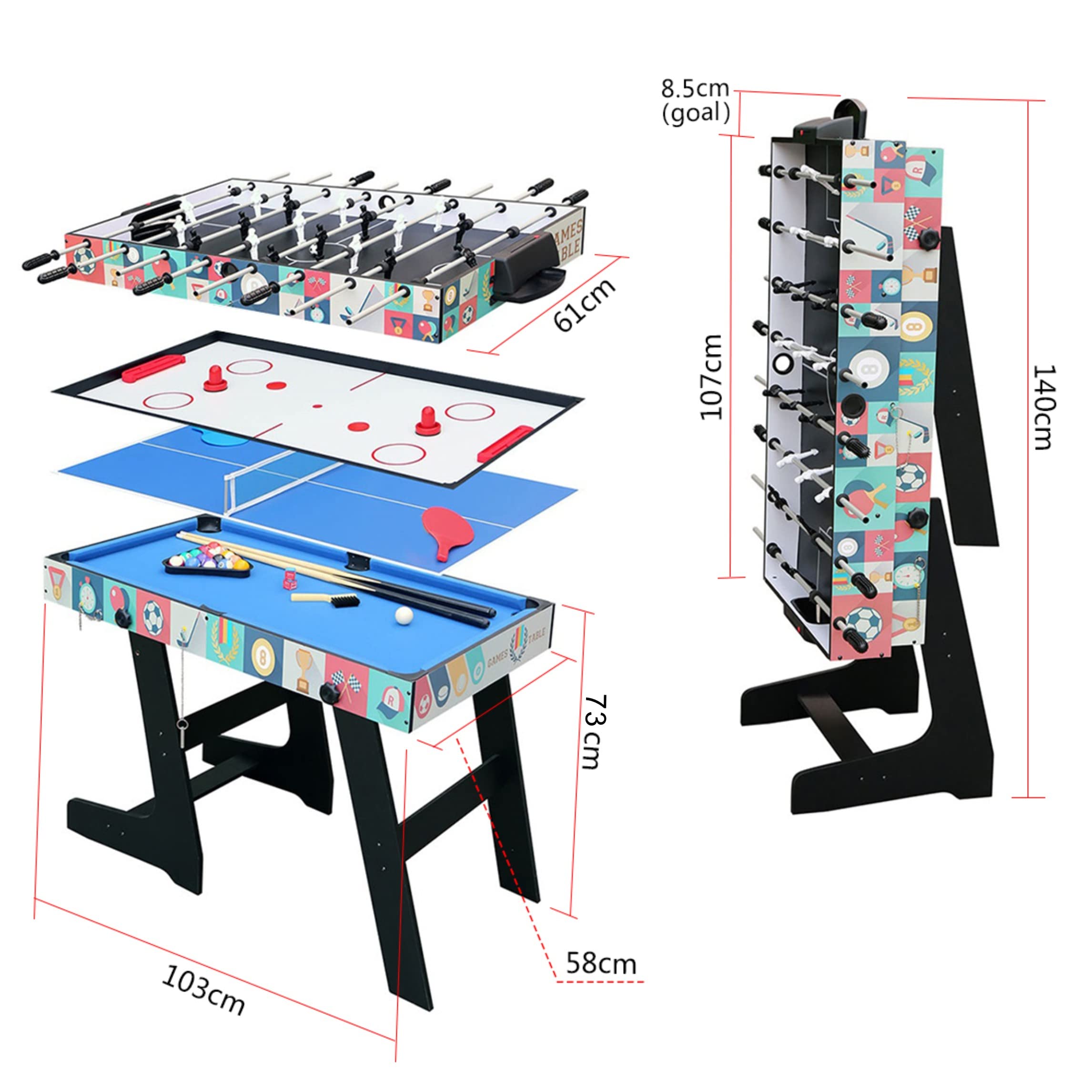 hj Table Pliable Multi Jeux 4 en 1 Pliante 121cm-Billard/Babyfoot/Hockey/Tennis de Table