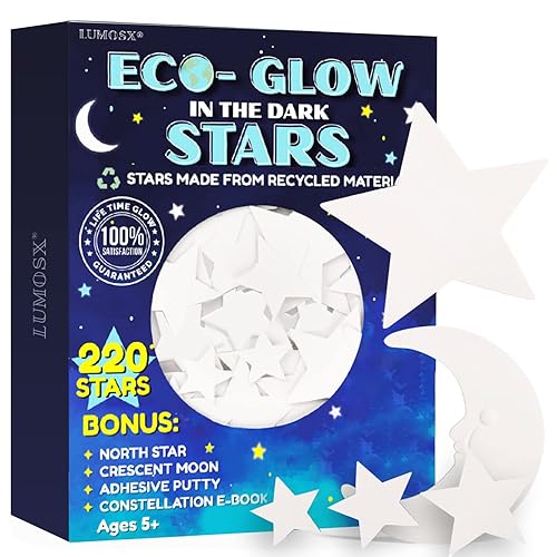 LUMOSX Estrellas que brillan en la oscuridad para techo – 220 piezas de material reciclado estrellas con estrella del norte, luna y constelación