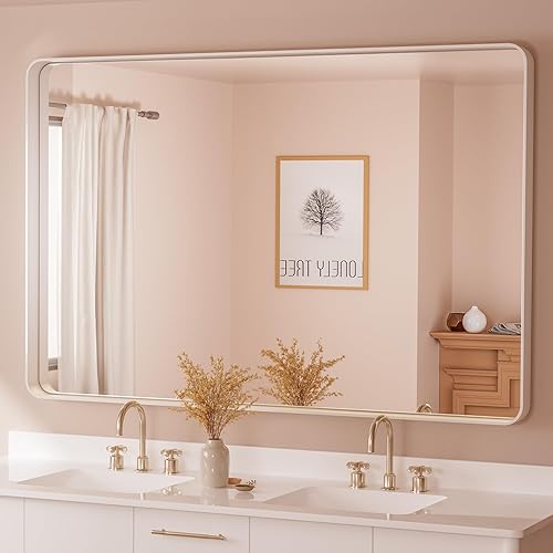 Miniatura 295 de TETOTE Espejo de 60 x 36 pulgadas para baño, espejo de tocador dorado de latón cepillado, espejo de pared grande rectangular con marco de metal Oro