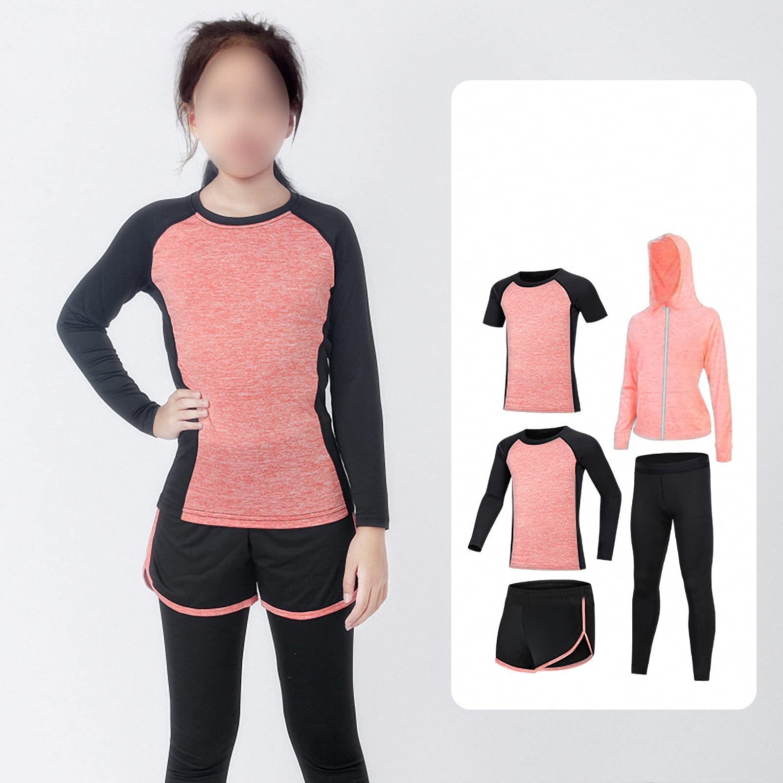 Ropa Deportiva de Fitness 5 Piezas,Traje de Chaqueta con Capucha para Correr de Yoga para niñas,Conjuntos de Entrenamiento de Baile,pantalón de Mallas de Secado rápido,Orange,170