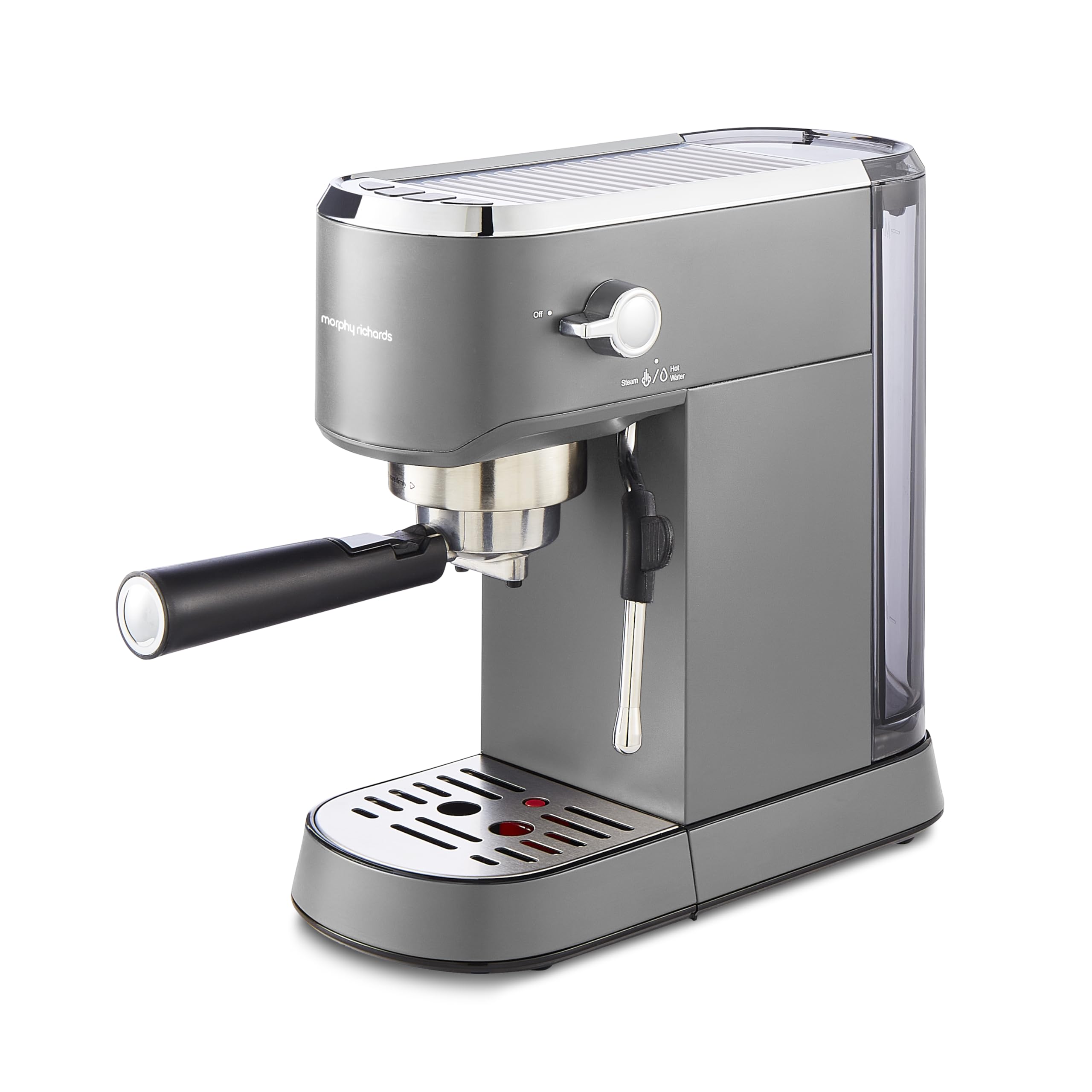 Morphy Richards Signature Compact Espresso Maker, Ground Coffee, Dual Cup, Illuminated Buttons, 1L Water tank, Steam Control, Milk Frother Wand, includes Tamper, Spoon, Stainless Steel, Grey, 172026